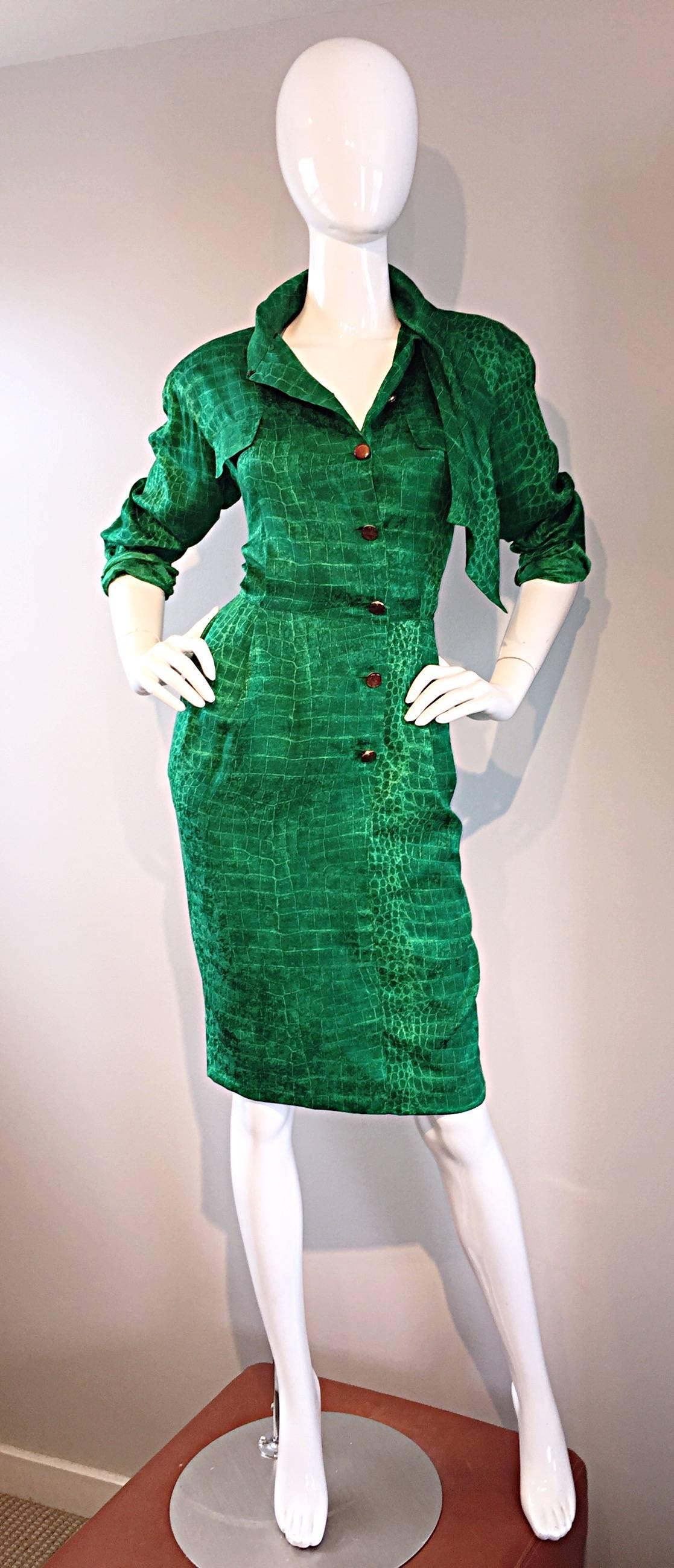 Incredible Vintage Emanuel Ungaro Kelly Green Alligator Reptile Print Silk Dress 2