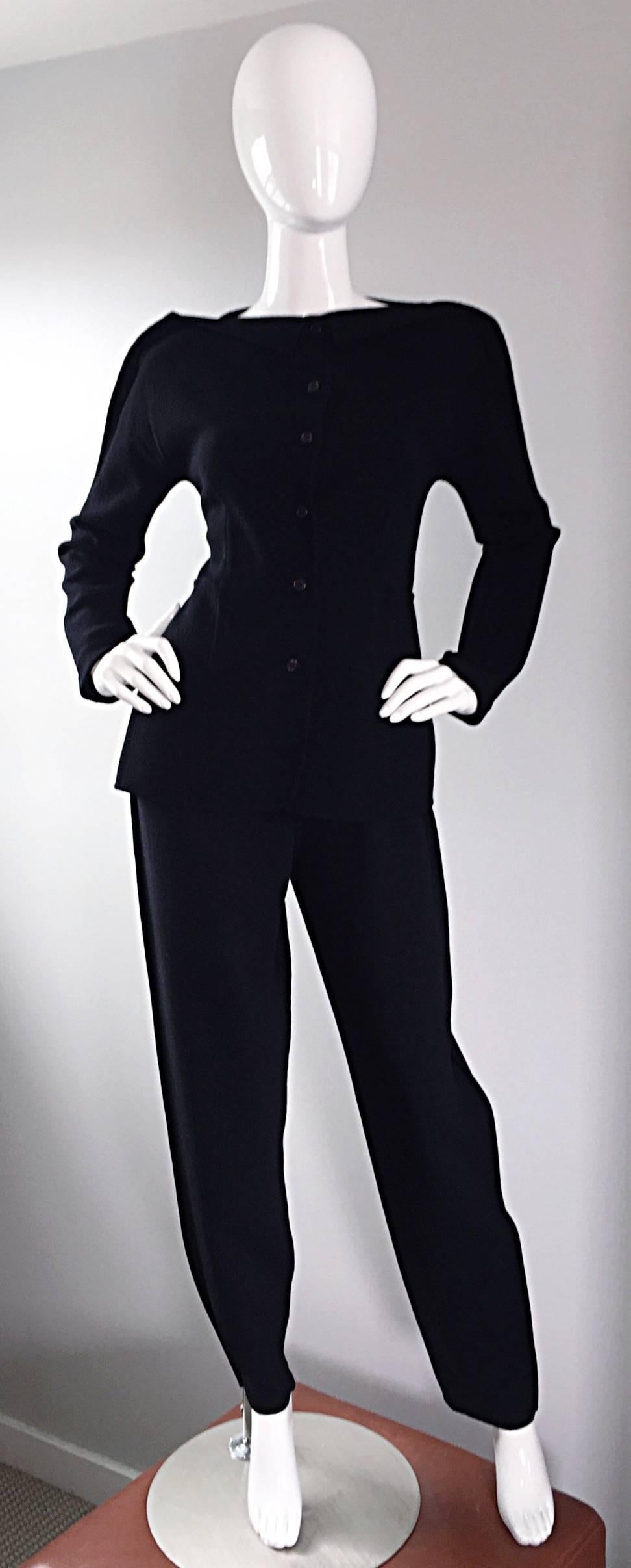Women's 1990s Geoffrey Beene Black Crepe Avant Garde Jacket and Pants Suit Ensemble For Sale