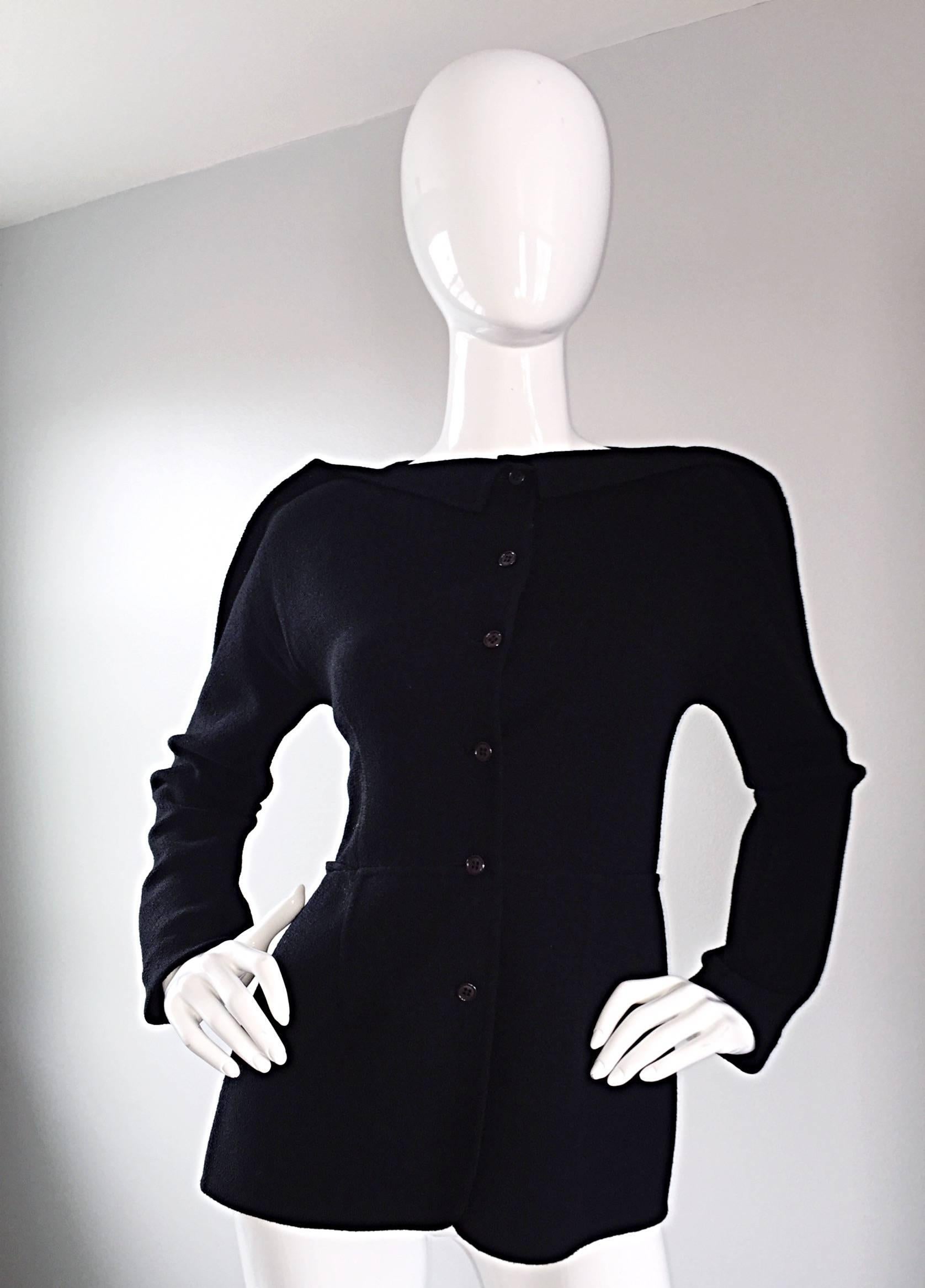 1990s Geoffrey Beene Black Crepe Avant Garde Jacket and Pants Suit Ensemble For Sale 1