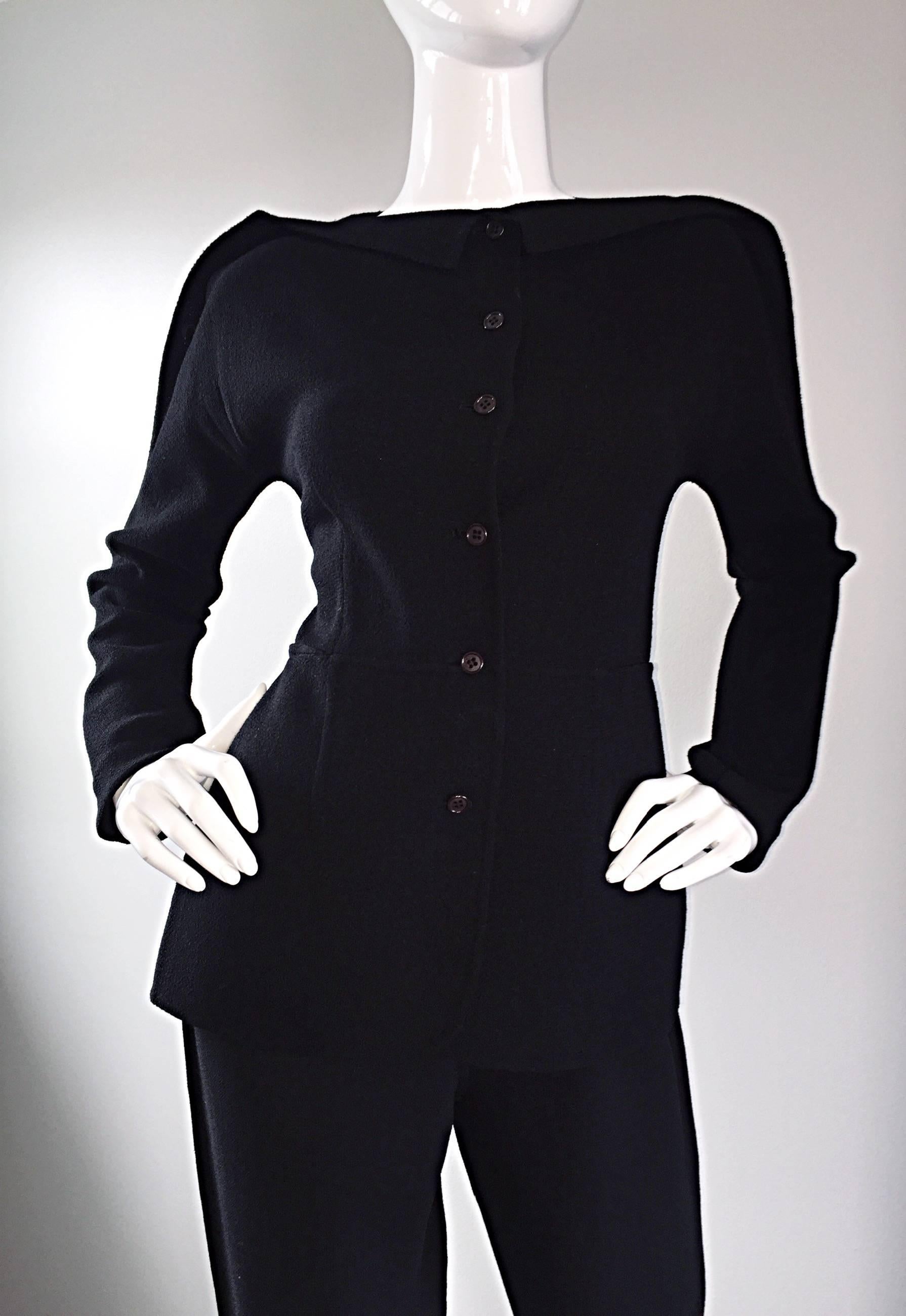 1990s Geoffrey Beene Black Crepe Avant Garde Jacket and Pants Suit Ensemble For Sale 4