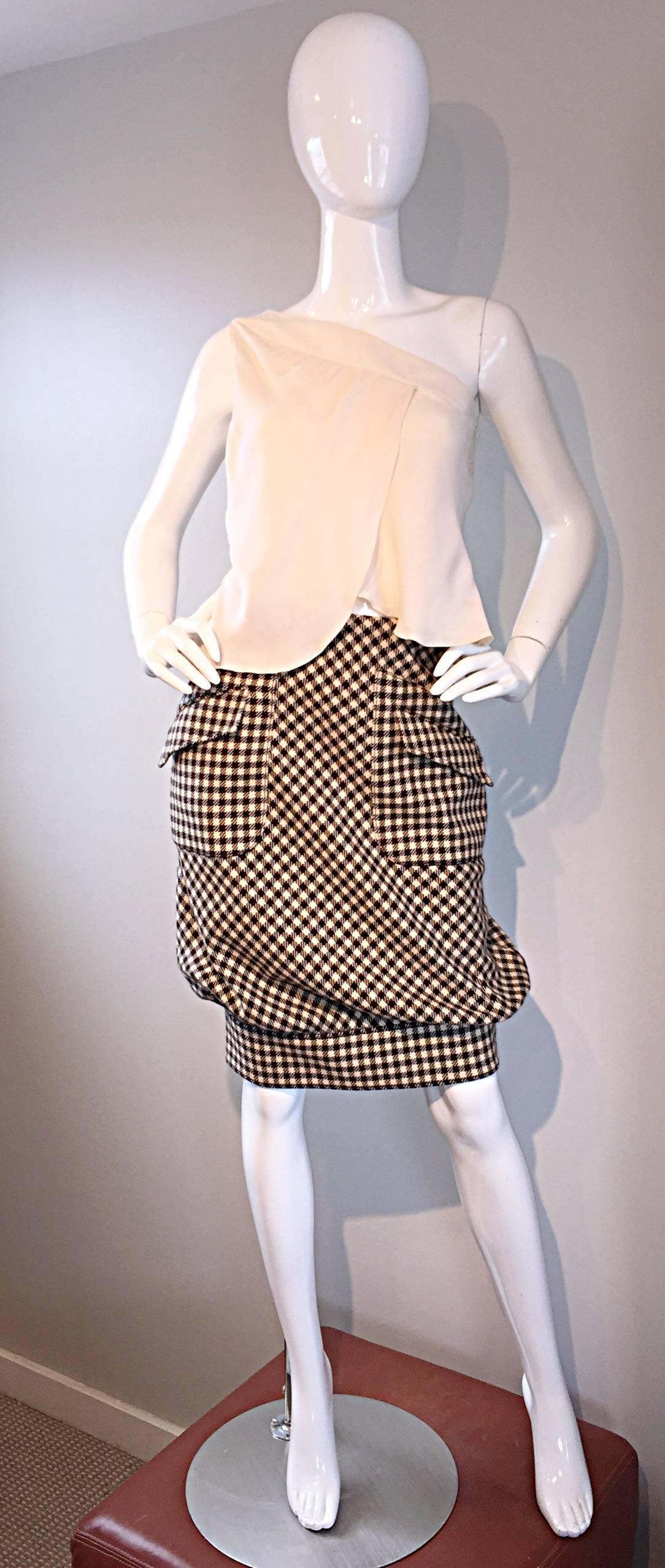 Valentino Brown Ivory Gingham Wool Bubble Hem Avant Garde Skirt w/ Pockets  For Sale 1