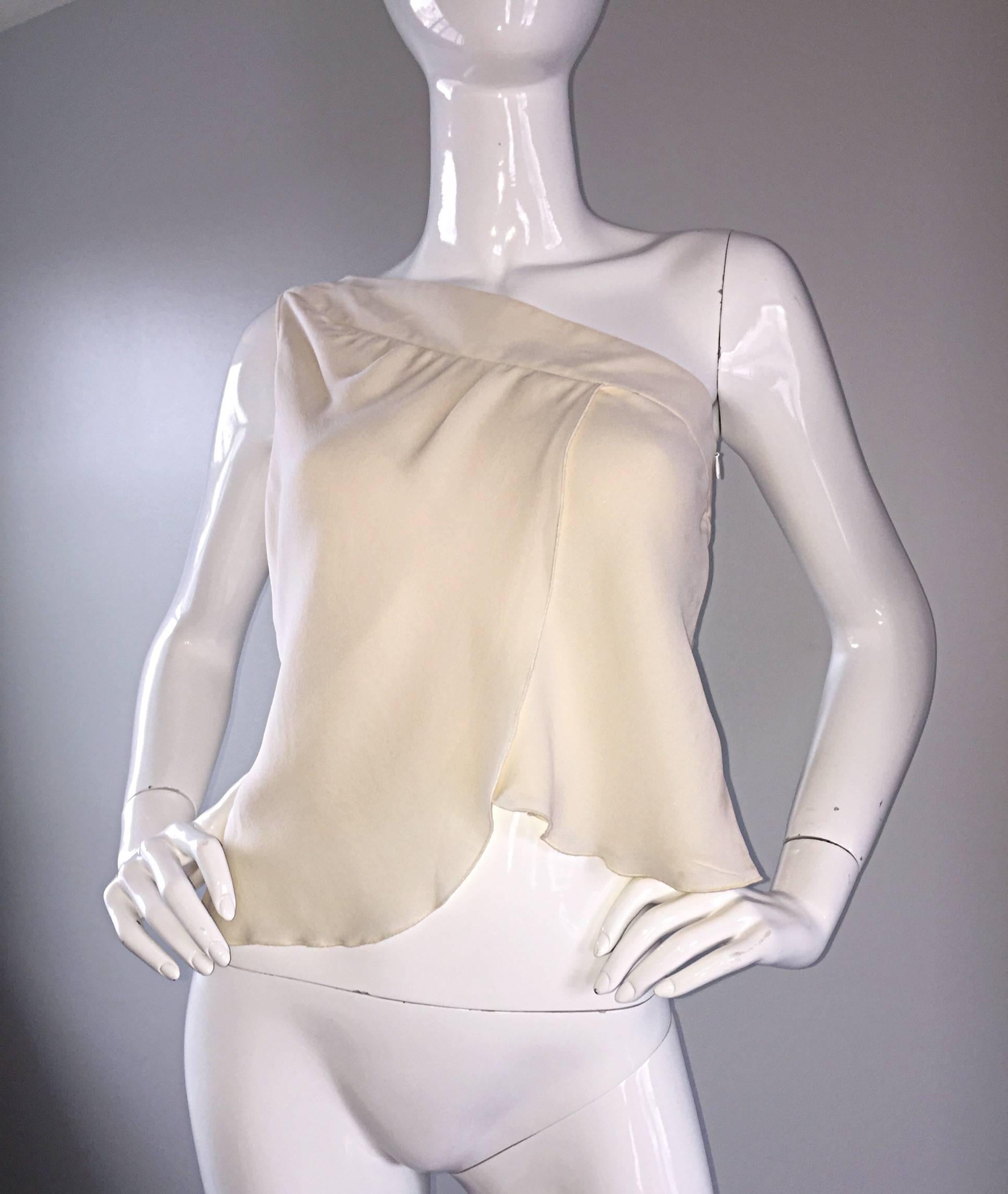 Vintage Girogio Armani 1990s Ivory One Shoulder 90s Silk Cropped Blouse / Top  For Sale 1