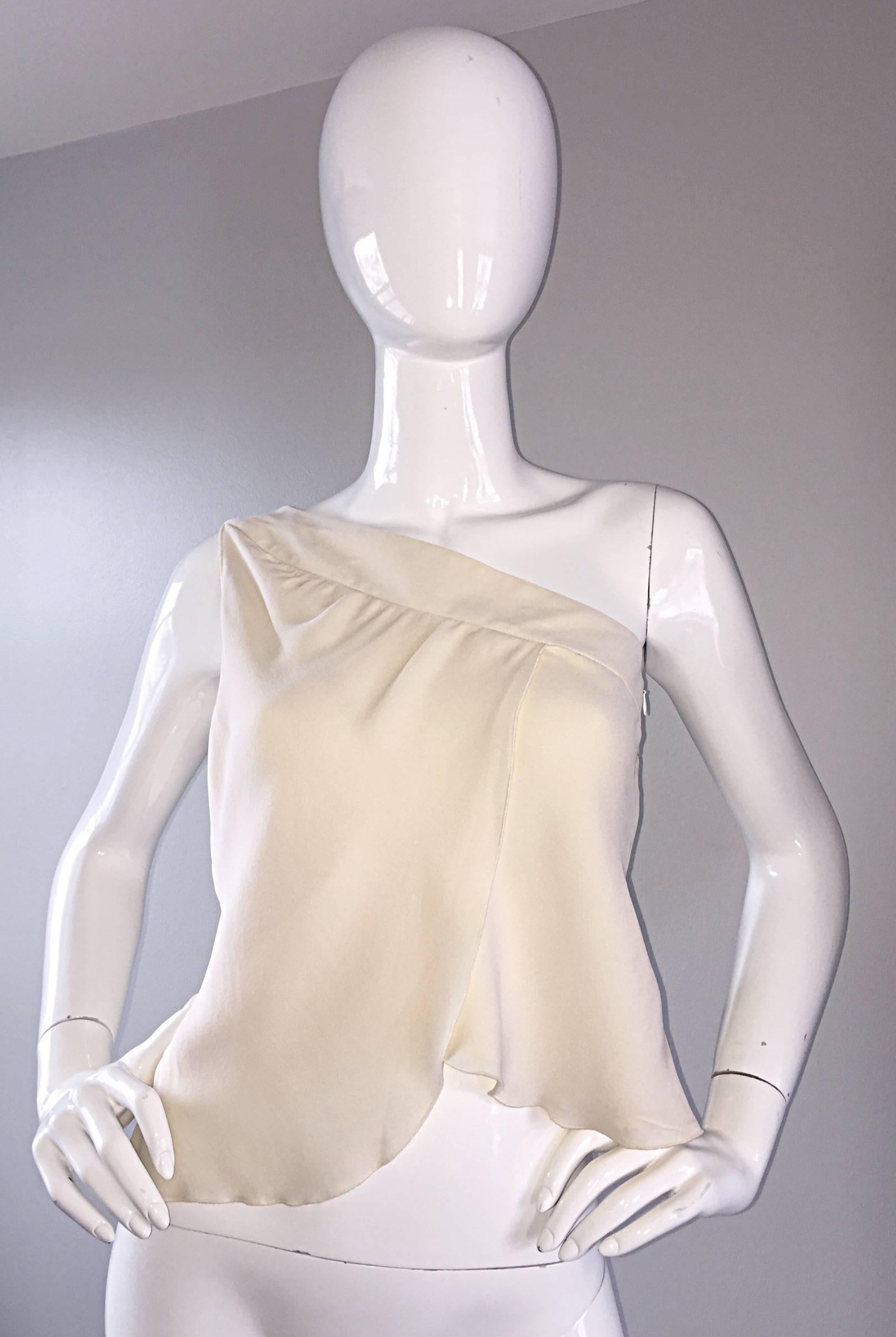 Beige Vintage Girogio Armani 1990s Ivory One Shoulder 90s Silk Cropped Blouse / Top  For Sale