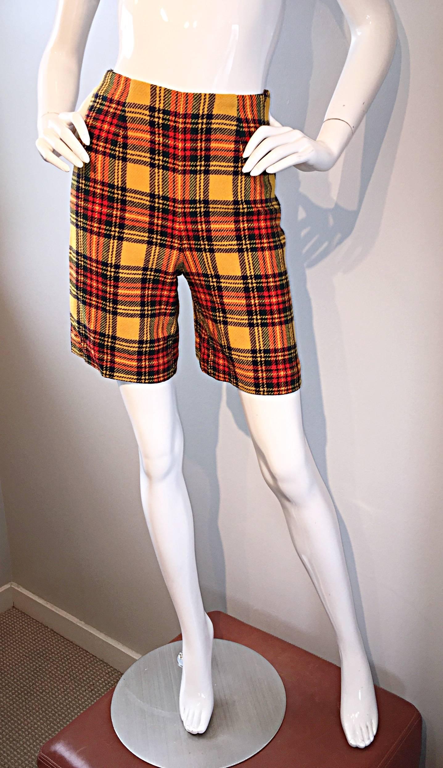 Black 1960s High Waisted Yellow + Red Tartan Plaid Vintage 60s Wool Shorts  For Sale