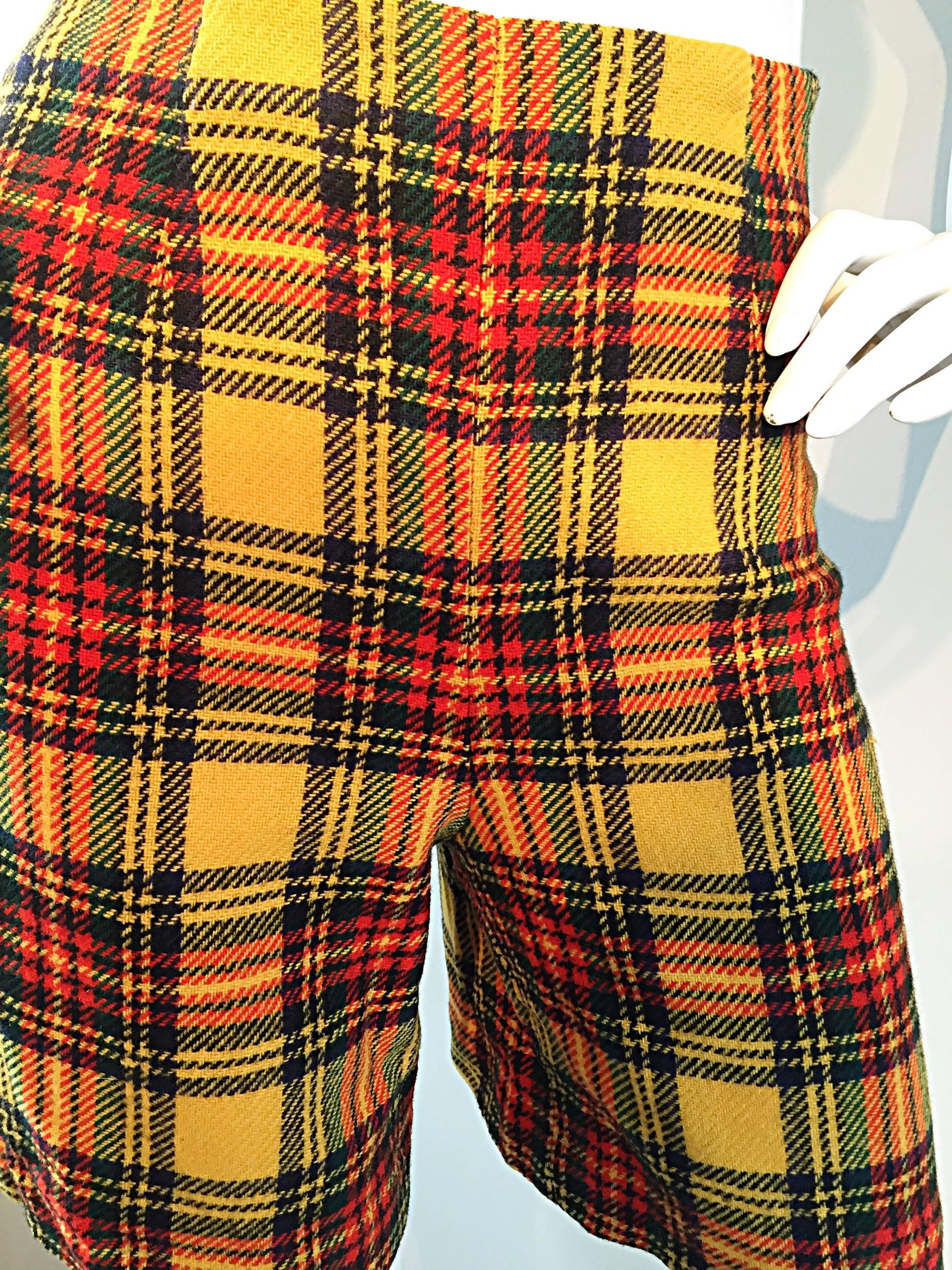 Women's 1960s High Waisted Yellow + Red Tartan Plaid Vintage 60s Wool Shorts  For Sale
