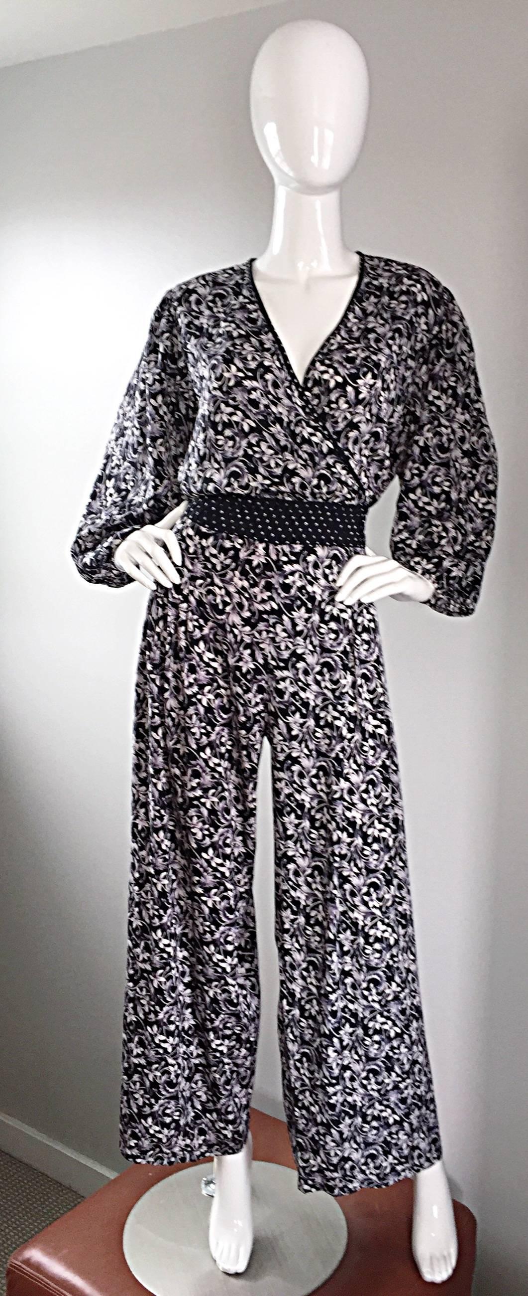 Amazing Vintage Diane Fres Black and White Boho Jumpsuit w/ Palazzo Legs 3