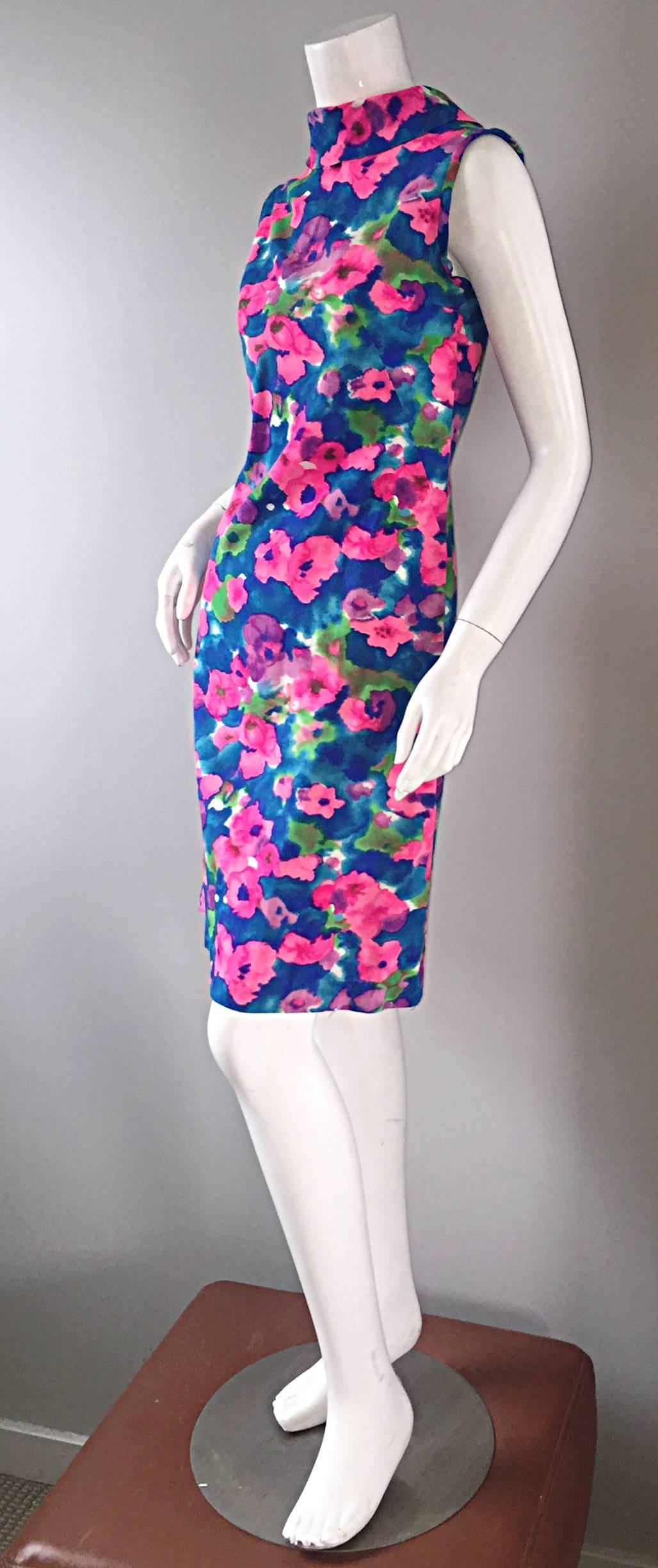 Robe colorée vintage chic à imprimé floral à l'aquarelle A - Line des années 1960  en vente 1