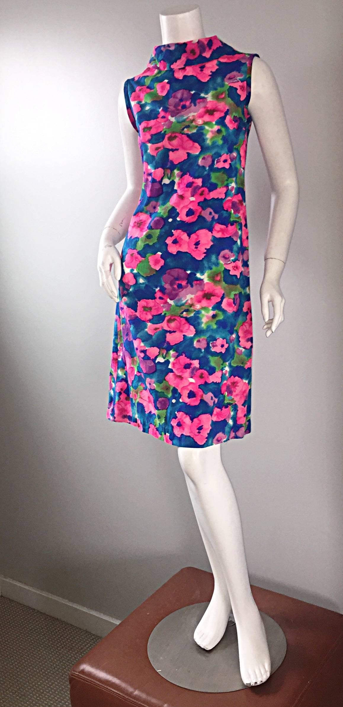 Chic Vintage 1960s Floral Watercolor Print A - Line 60s Colorful Dress  For Sale 1