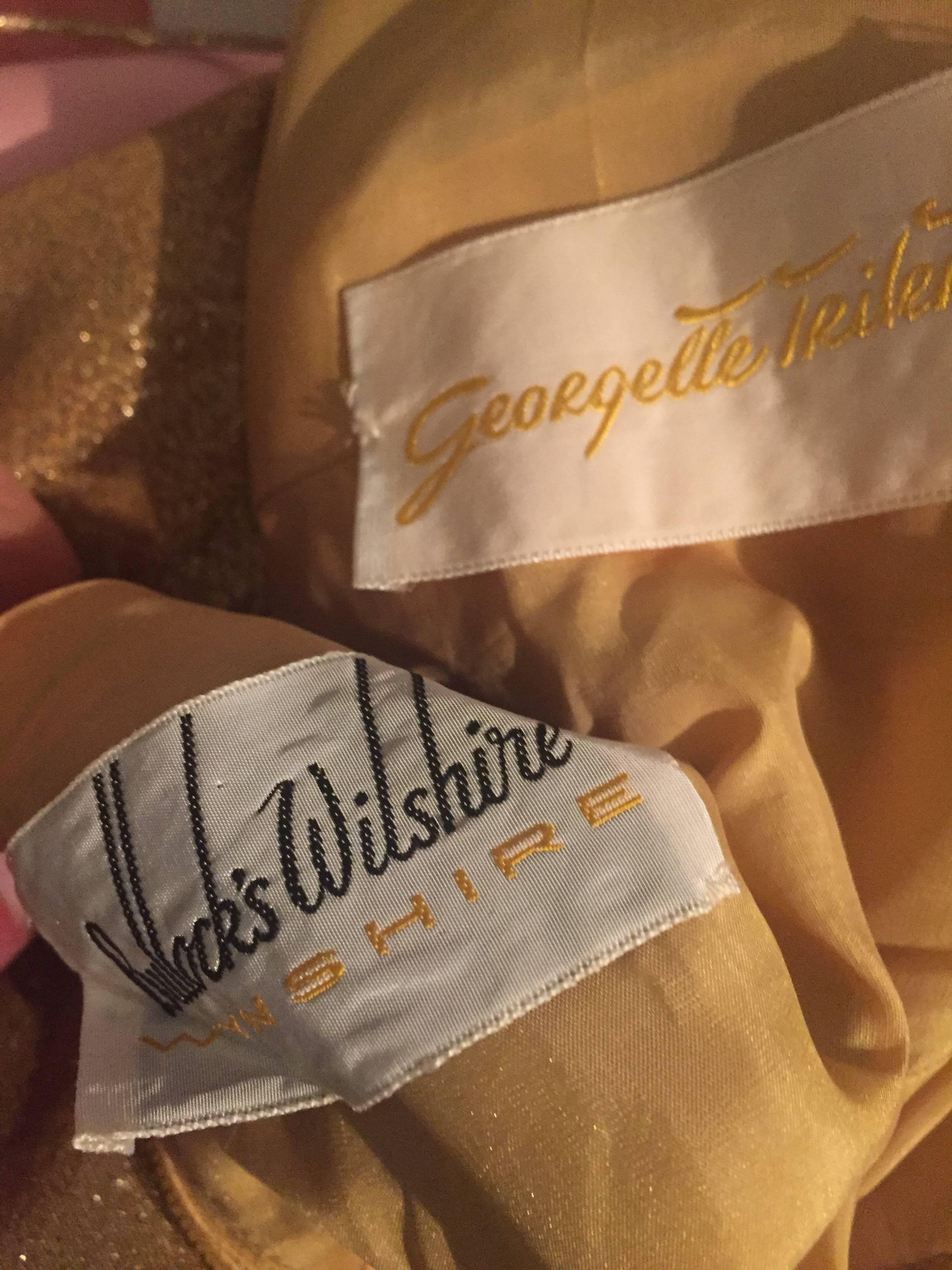 1950s Georgette Trilere for Bullocks Wilshire Gold Silk Metallic Wiggle Dress  6