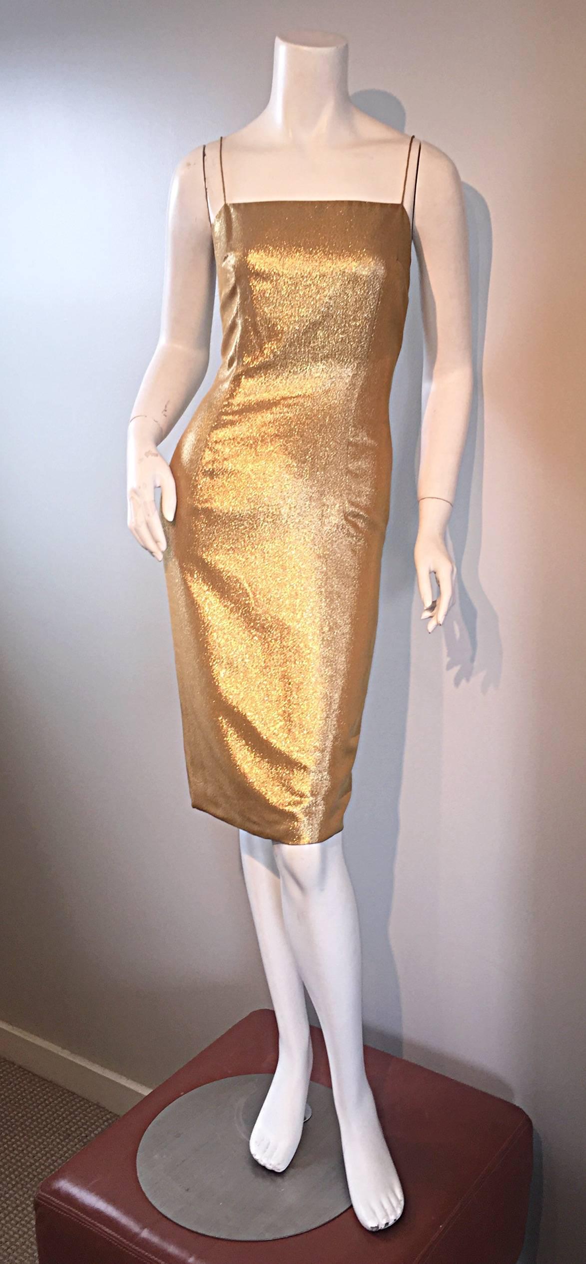 Bombshell 50s GEORGETTE TRILERE, for Bullocks Wilshire, gold metallic silk wiggle dress! Words cannot even begin to describe how utterly gorgeous this dress is on! Timeless elegance, with a hugging fit that flatters every inch of the body. Thin
