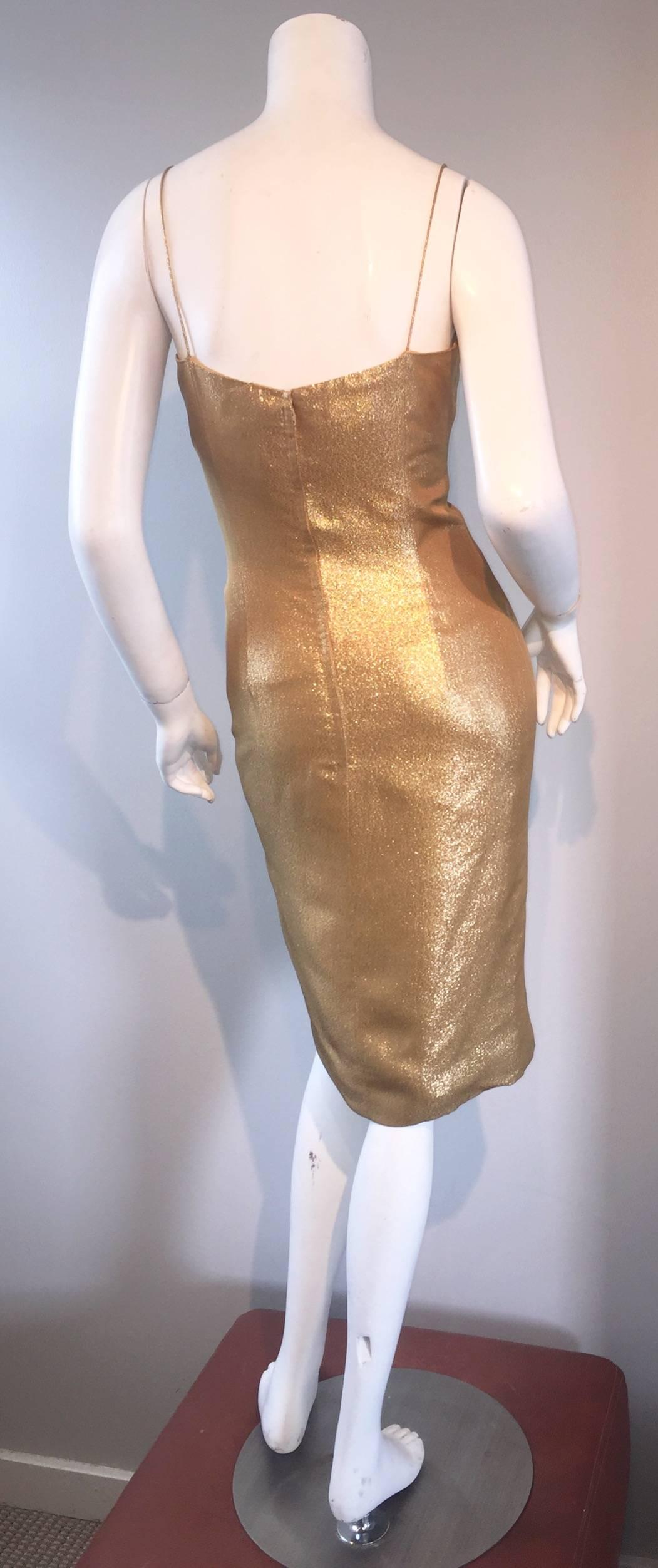 1950s Georgette Trilere for Bullocks Wilshire Gold Silk Metallic Wiggle Dress  1
