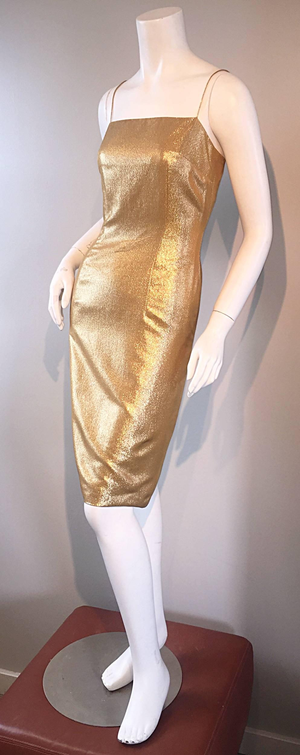 1950s Georgette Trilere for Bullocks Wilshire Gold Silk Metallic Wiggle Dress  In Excellent Condition In San Diego, CA