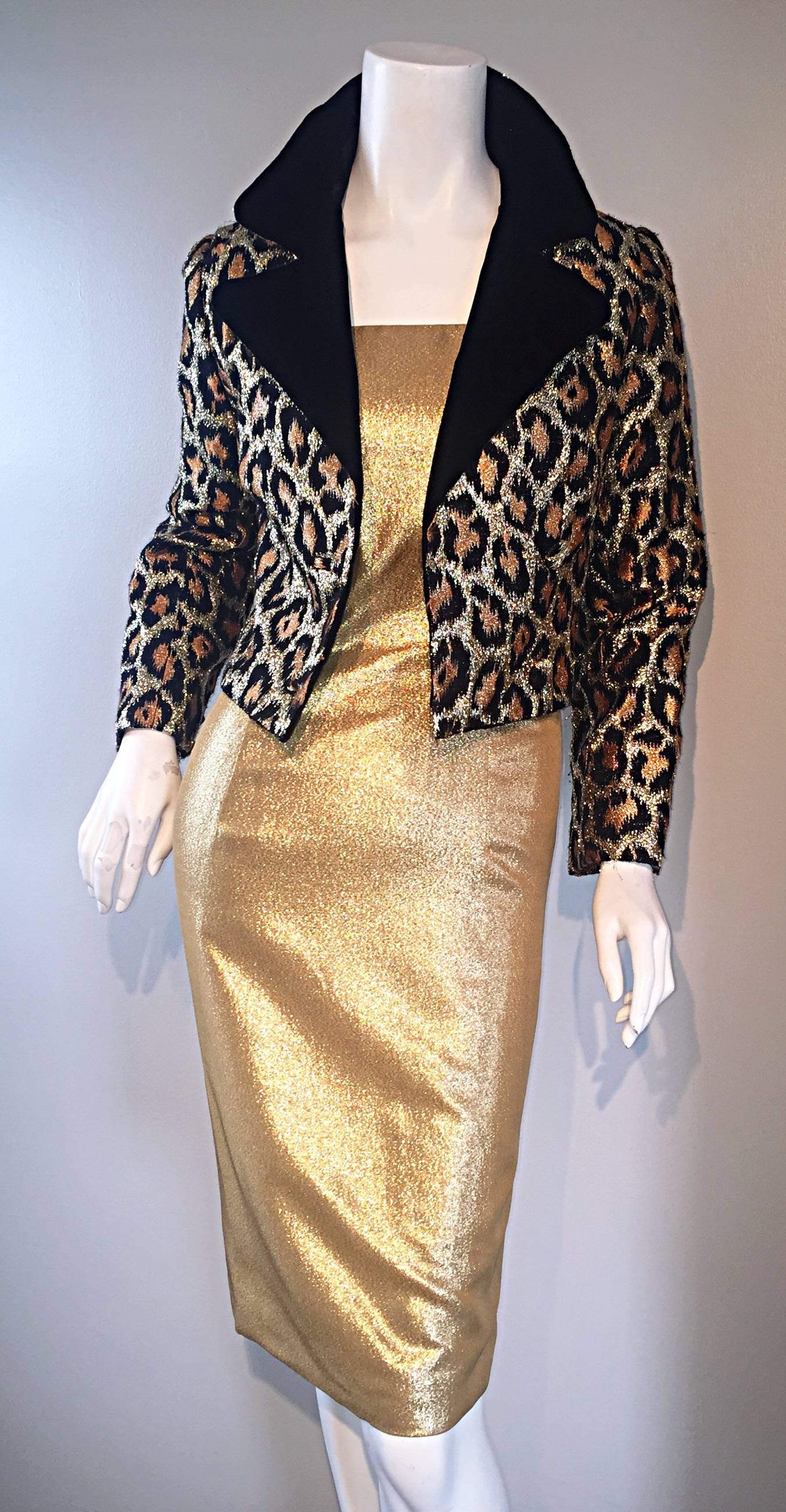 1950s Georgette Trilere for Bullocks Wilshire Gold Silk Metallic Wiggle Dress  3