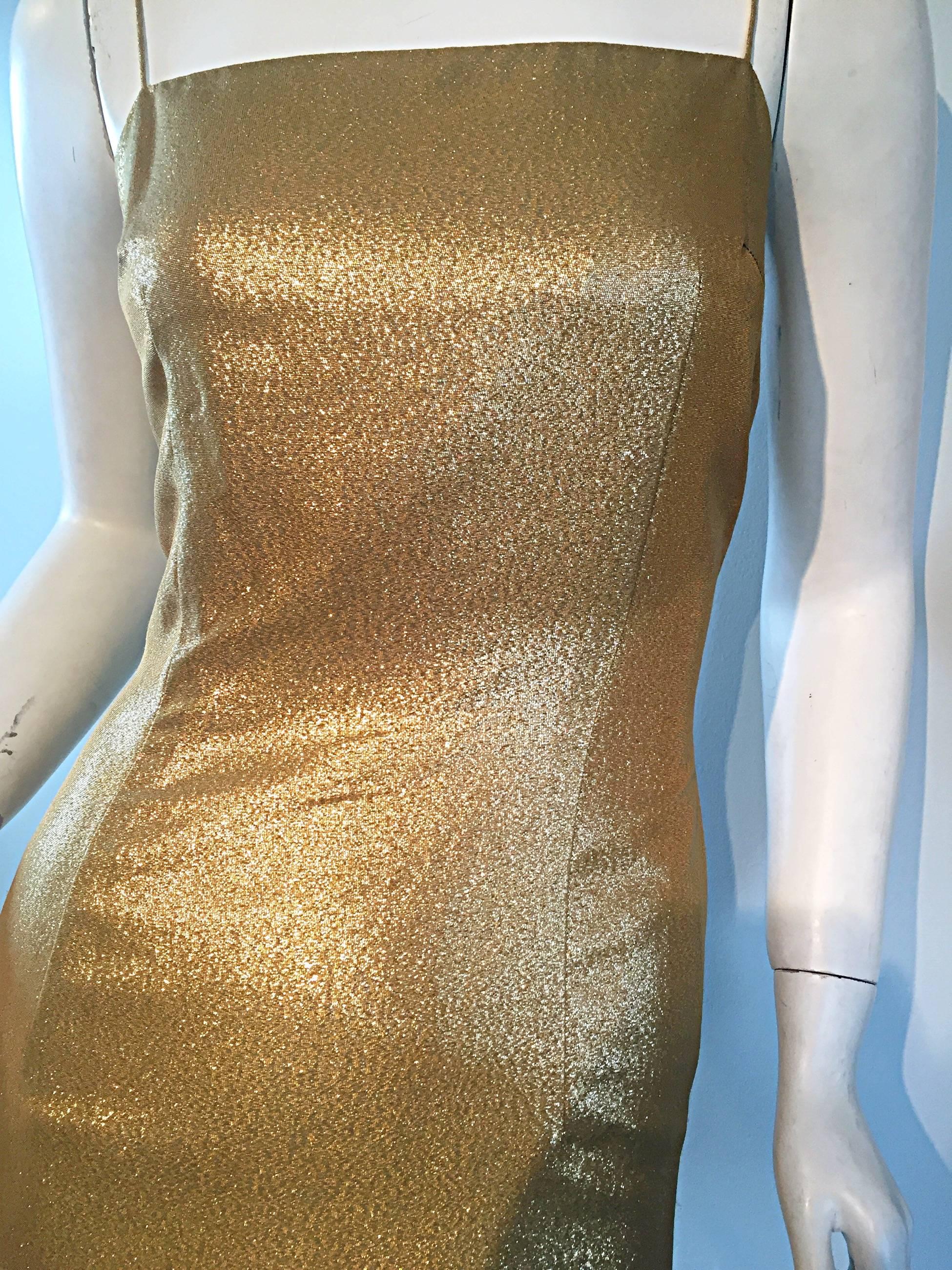 1950s Georgette Trilere for Bullocks Wilshire Gold Silk Metallic Wiggle Dress  2
