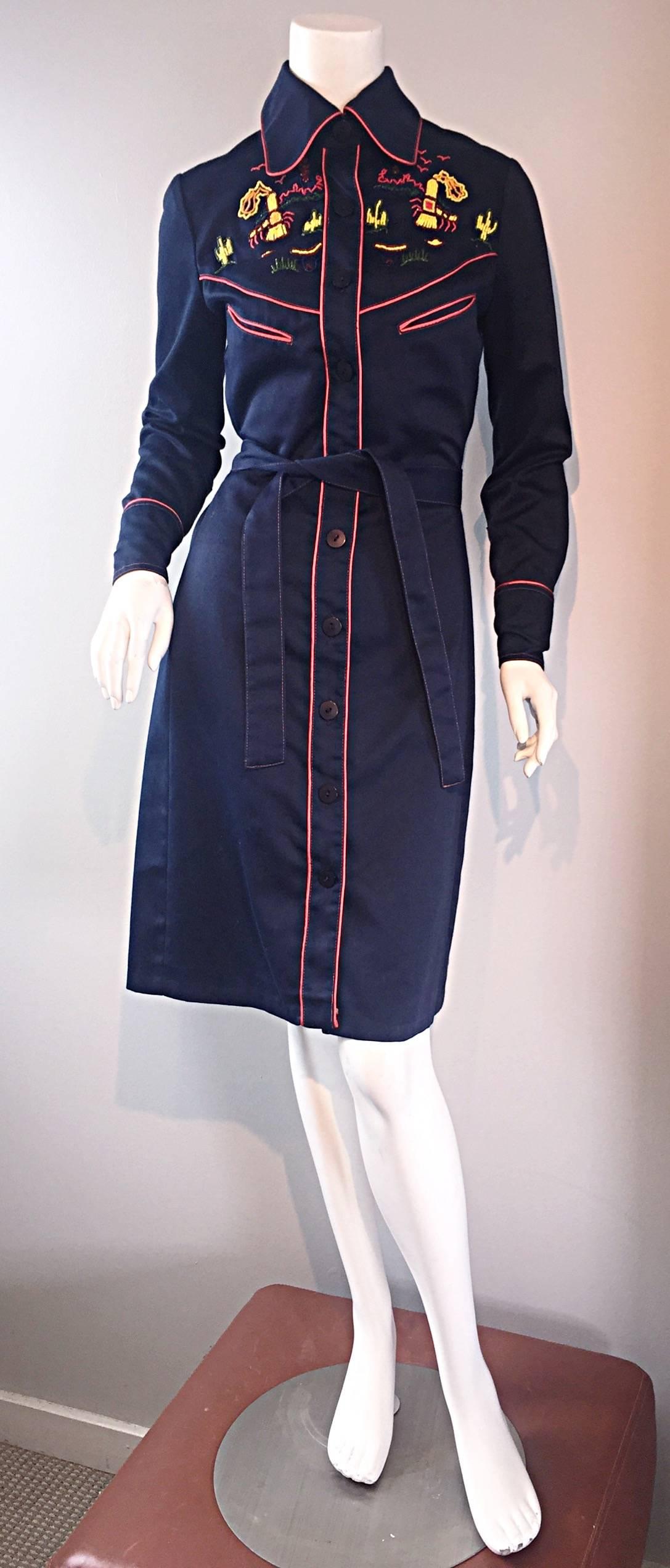 Women's Rare 1970s Aristo Kat ' El Paso ' Beaded Navy Blue Western Vintage Shirt Dress