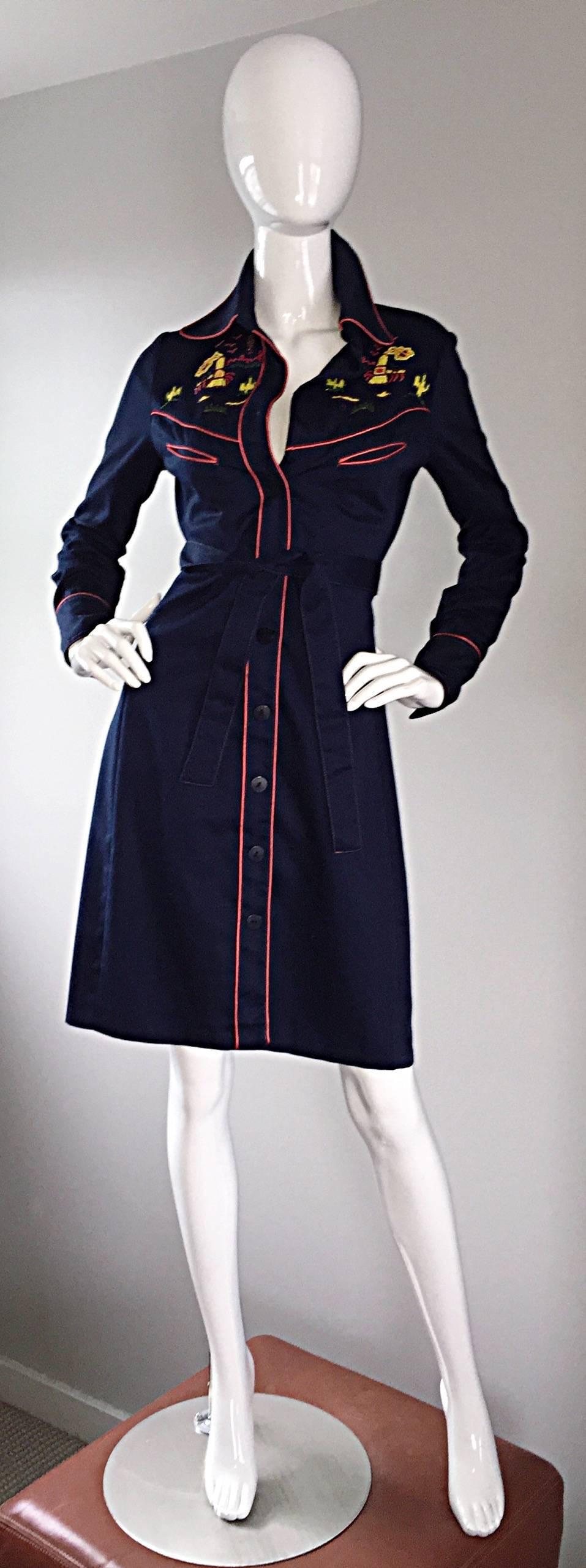 Rare 1970s Aristo Kat ' El Paso ' Beaded Navy Blue Western Vintage Shirt Dress 1