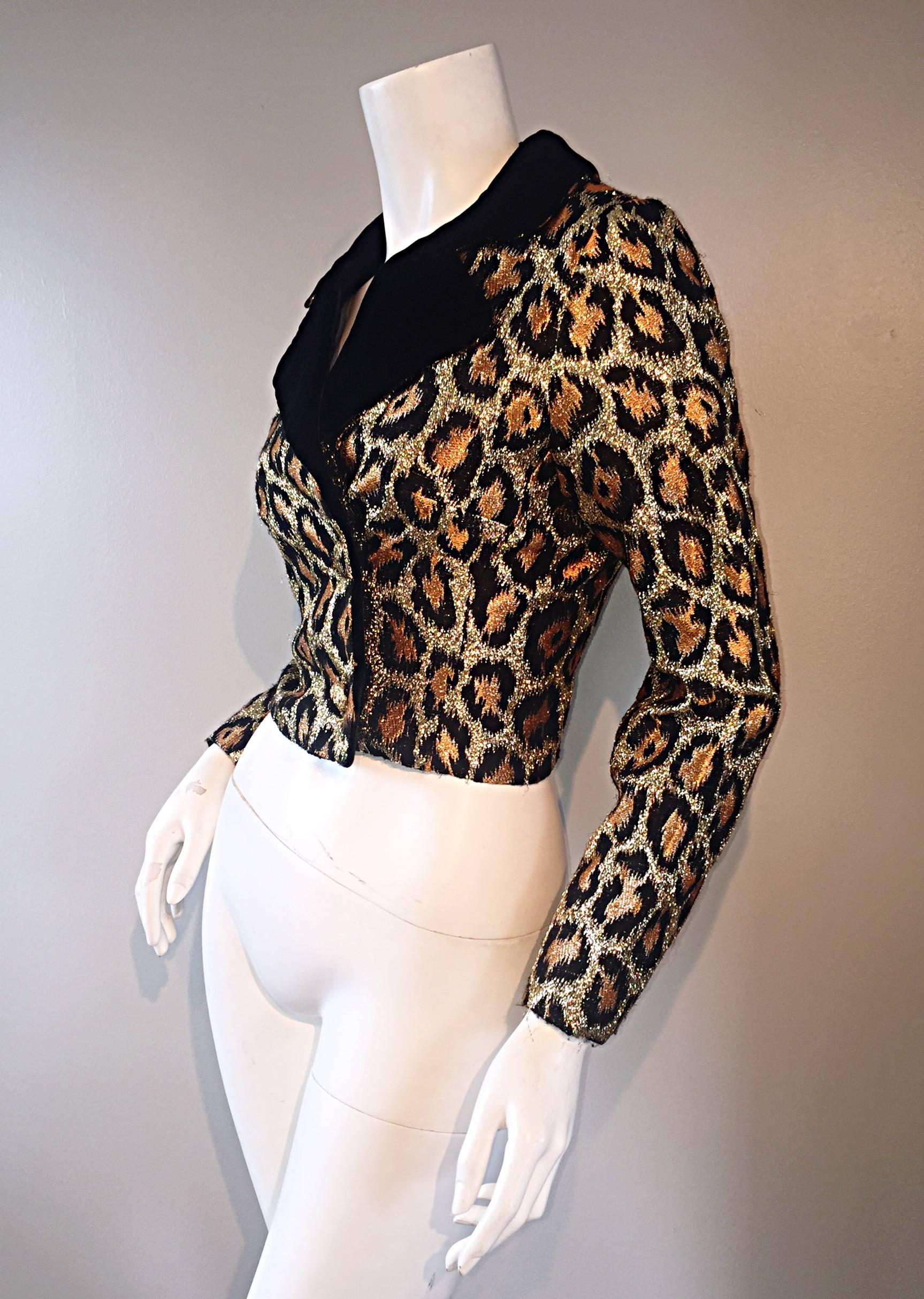 Chic Early 60s Leopard Cheetah Print Silk 1960s Metallic Cropped Bolero Jacket In Excellent Condition In San Diego, CA