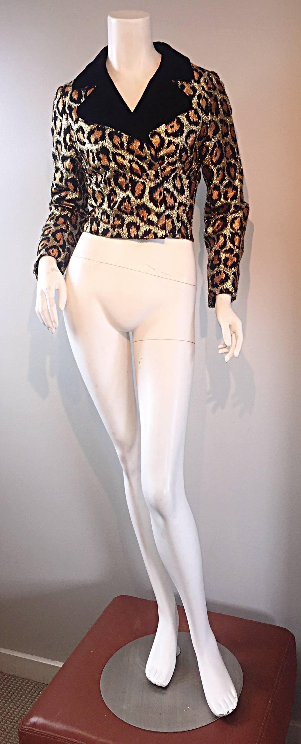 Chic Early 60s Leopard Cheetah Print Silk 1960s Metallic Cropped Bolero Jacket 1