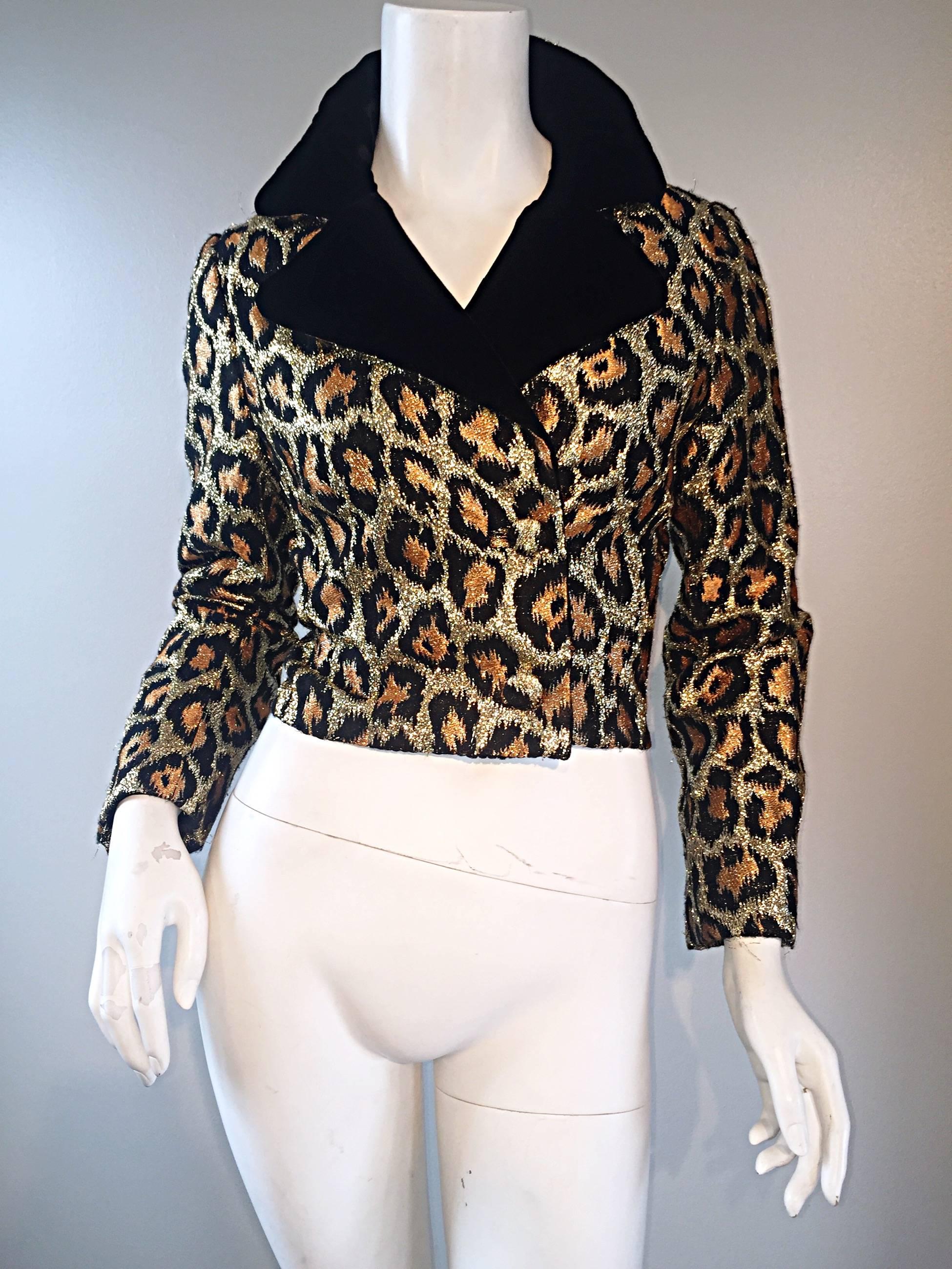 Chic Early 60s Leopard Cheetah Print Silk 1960s Metallic Cropped Bolero Jacket im Zustand „Hervorragend“ in San Diego, CA