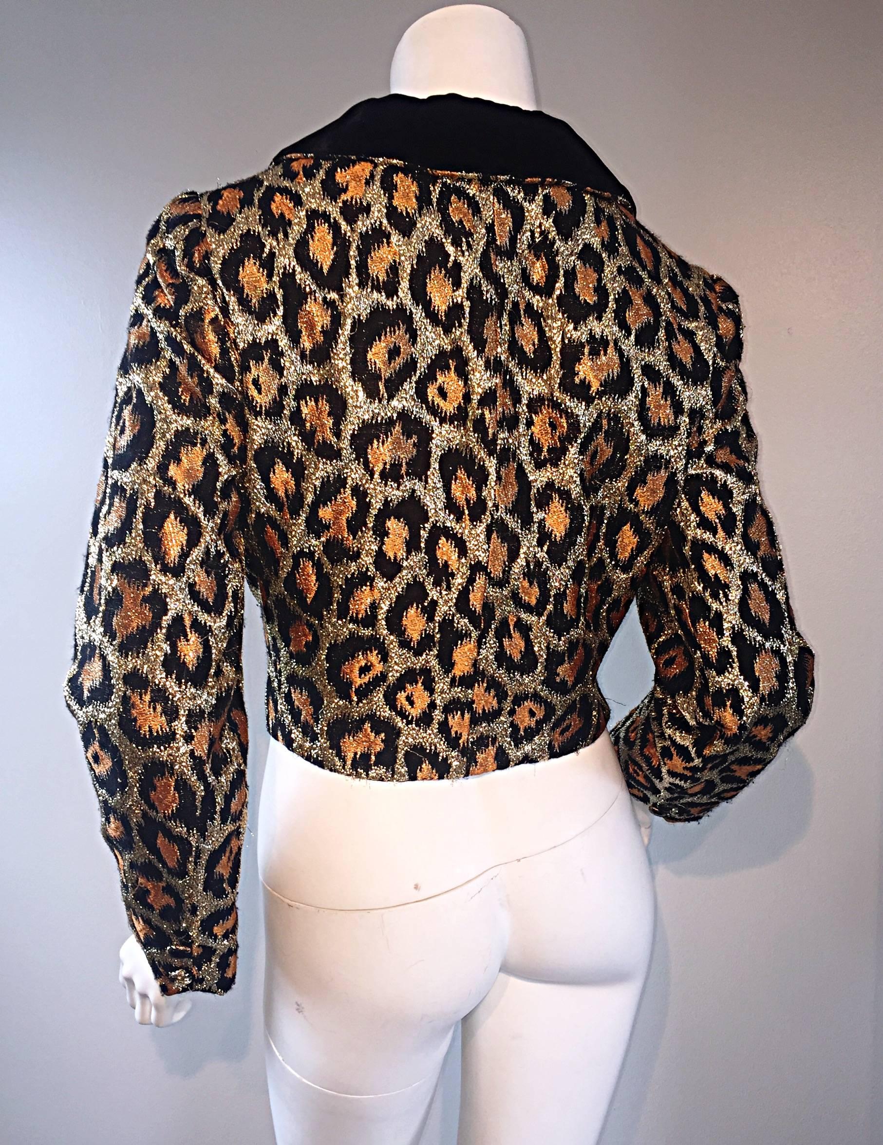 Chic Early 60s Leopard Cheetah Print Silk 1960s Metallic Cropped Bolero Jacket 5