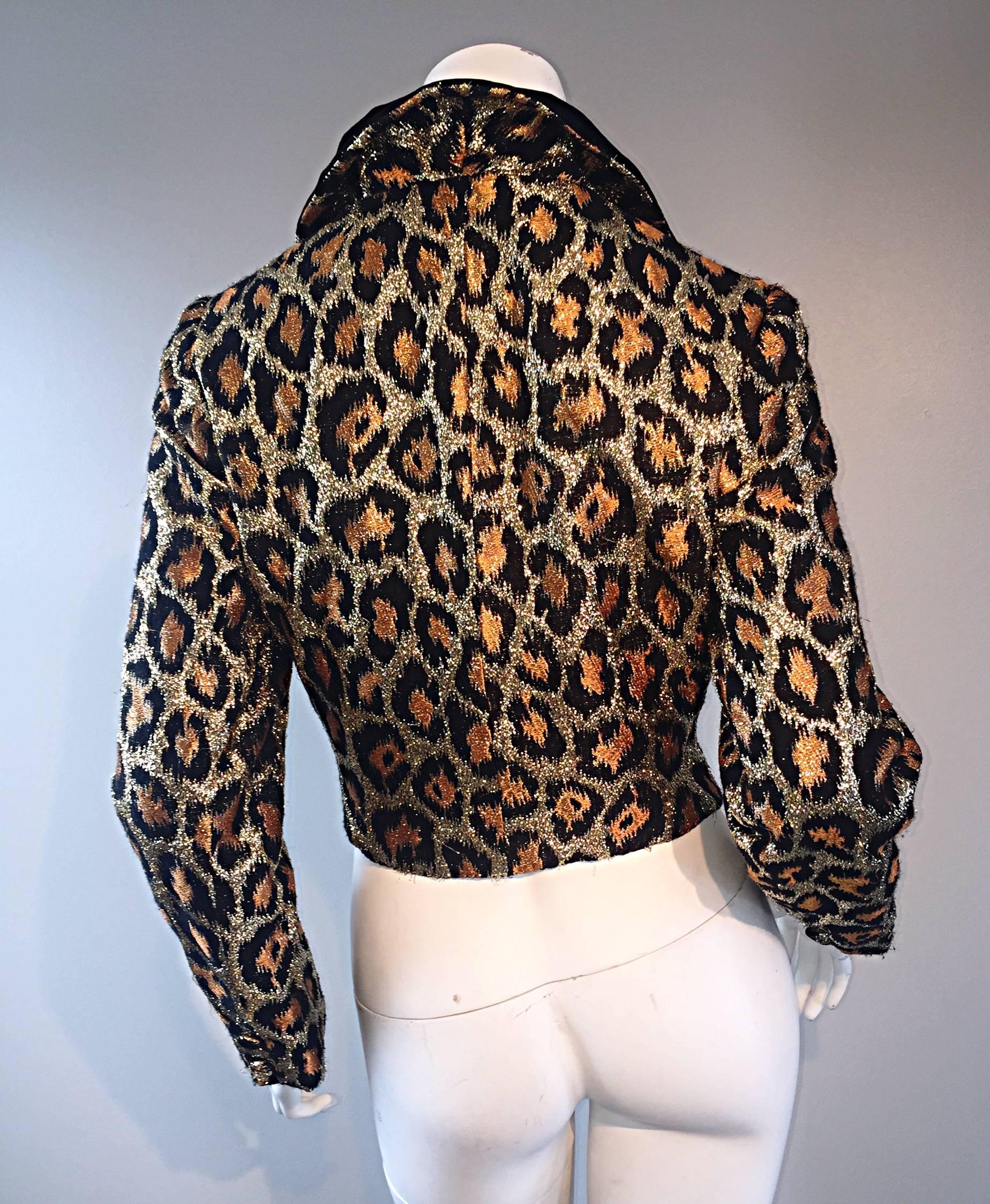 Chic Early 60s Leopard Cheetah Print Silk 1960s Metallic Cropped Bolero Jacket Damen