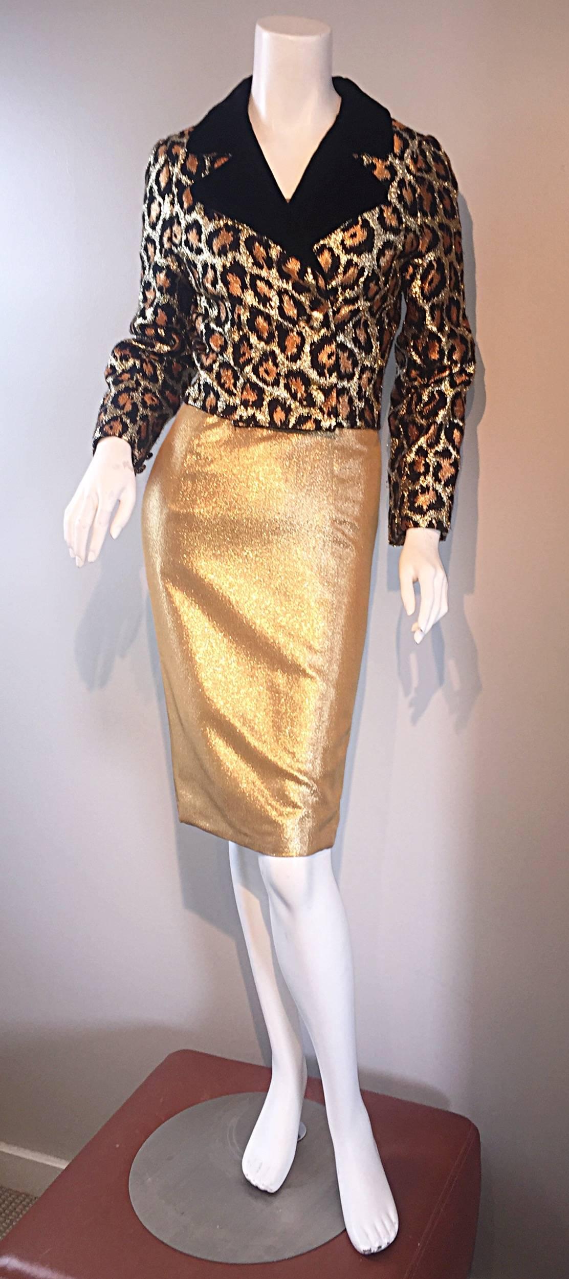 Chic Early 60s Leopard Cheetah Print Silk 1960s Metallic Cropped Bolero Jacket (Schwarz)