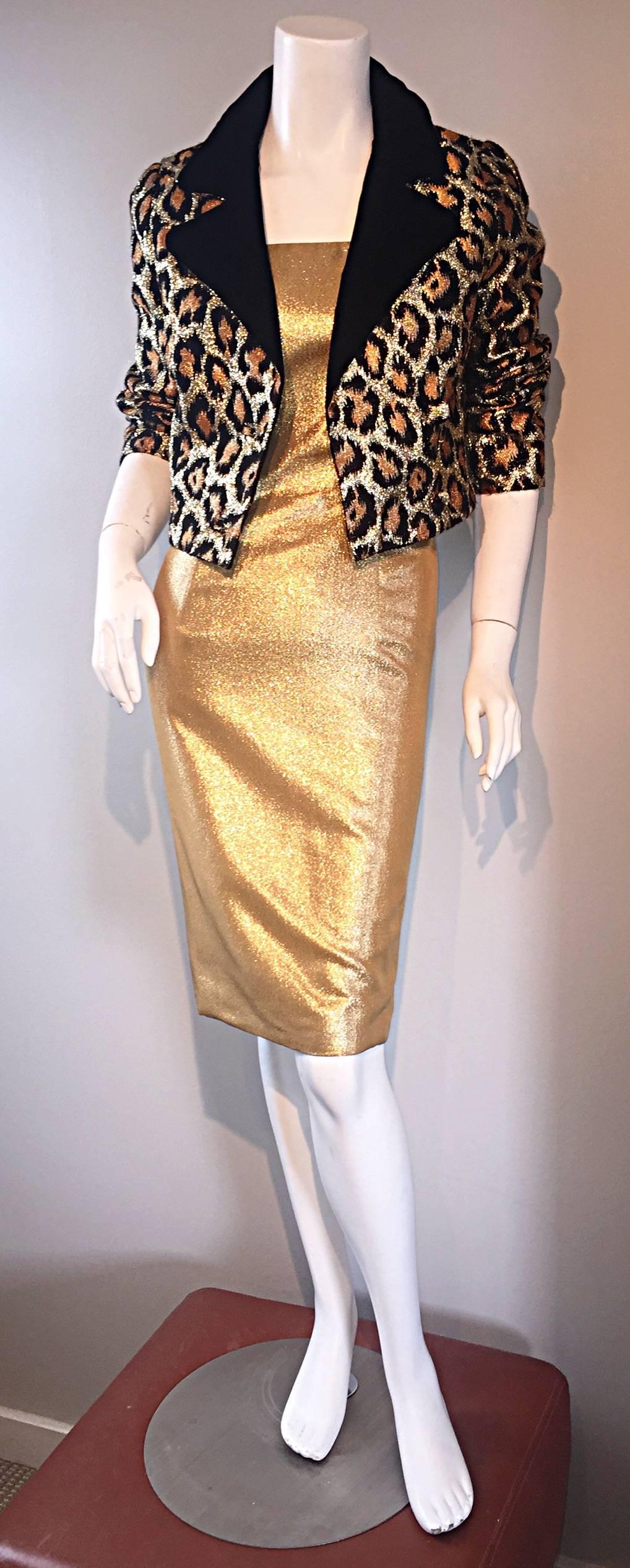 Women's Chic Early 60s Leopard Cheetah Print Silk 1960s Metallic Cropped Bolero Jacket