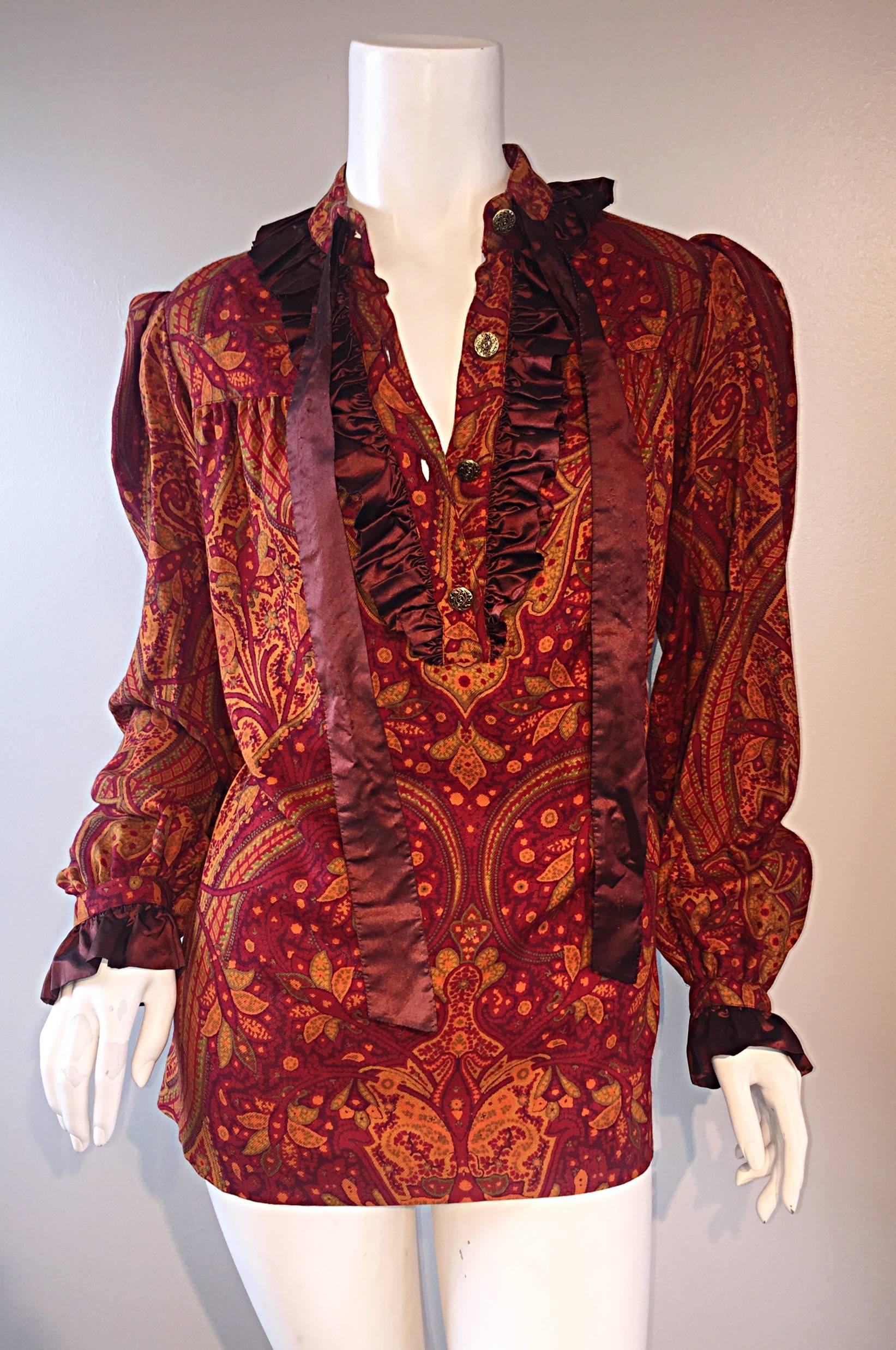 Red Vintage Yves Saint Laurent ' Rive Gauche ' Russian Collection Paisley Blouse YSL