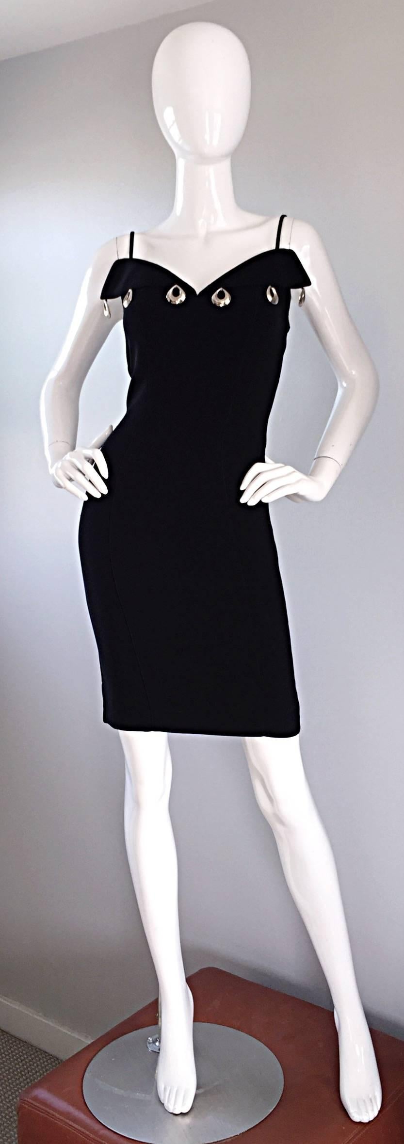 Sexy vintage 1990s THIERRY MUGLER black bodycon dress! Not just your average little black dress! Impeccable tailoring that Mugler was renowned for. Silver dangling hoops adorn the bust. Silk velvet panels down each side of the dress. A timeless