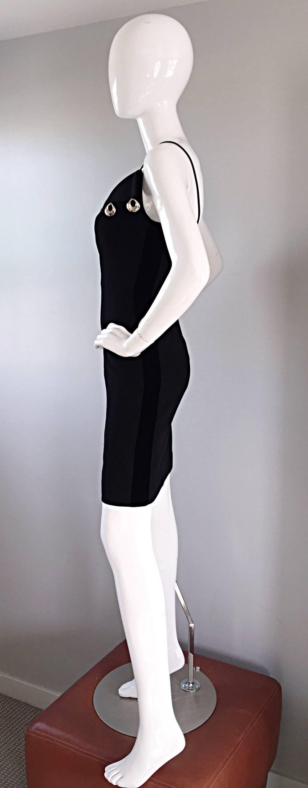 Sexy Vintage Thierry Mugler Black Avant Garde Bodycon Dress w/ Silver Hoops LBD In Excellent Condition For Sale In San Diego, CA