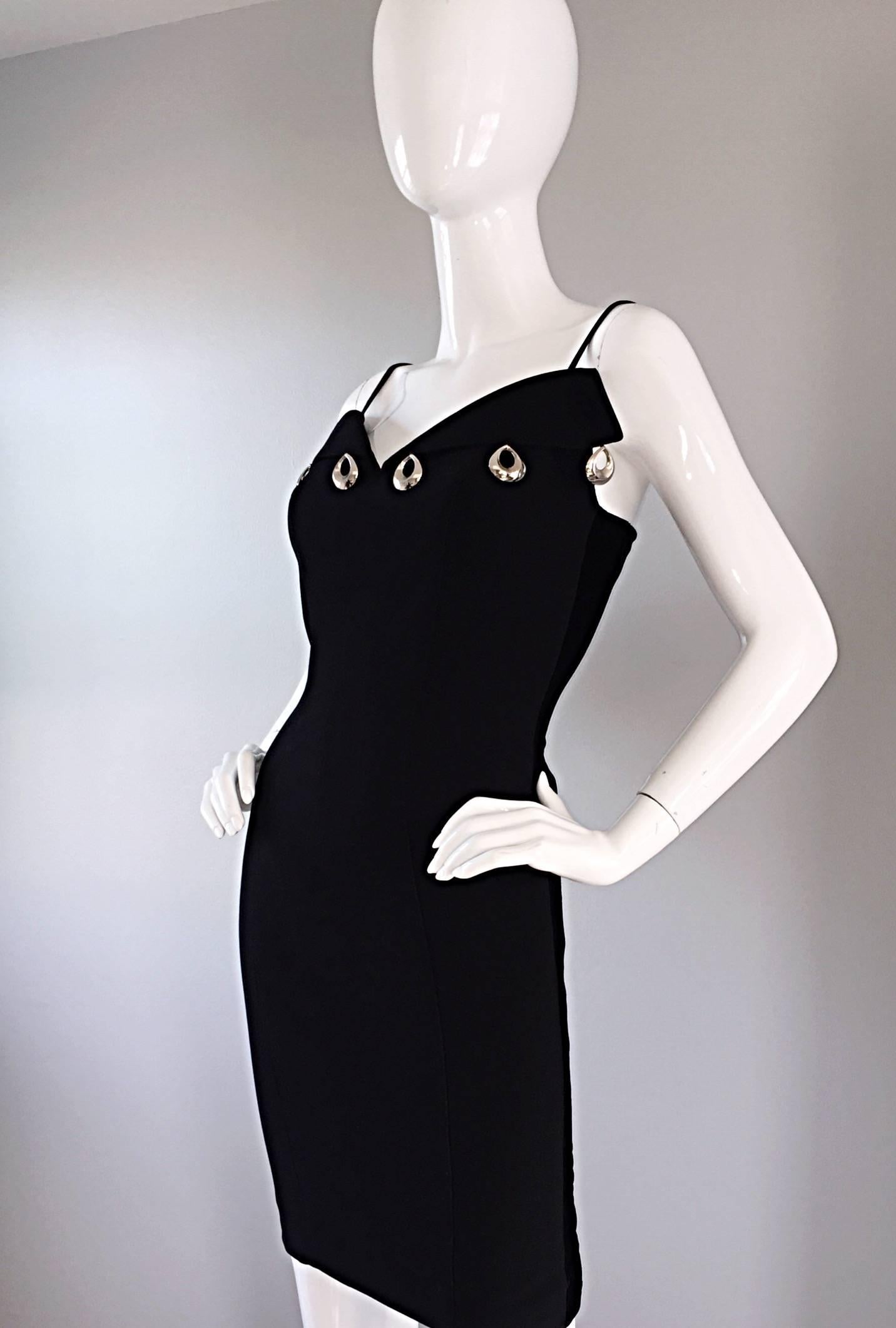 Women's Sexy Vintage Thierry Mugler Black Avant Garde Bodycon Dress w/ Silver Hoops LBD For Sale