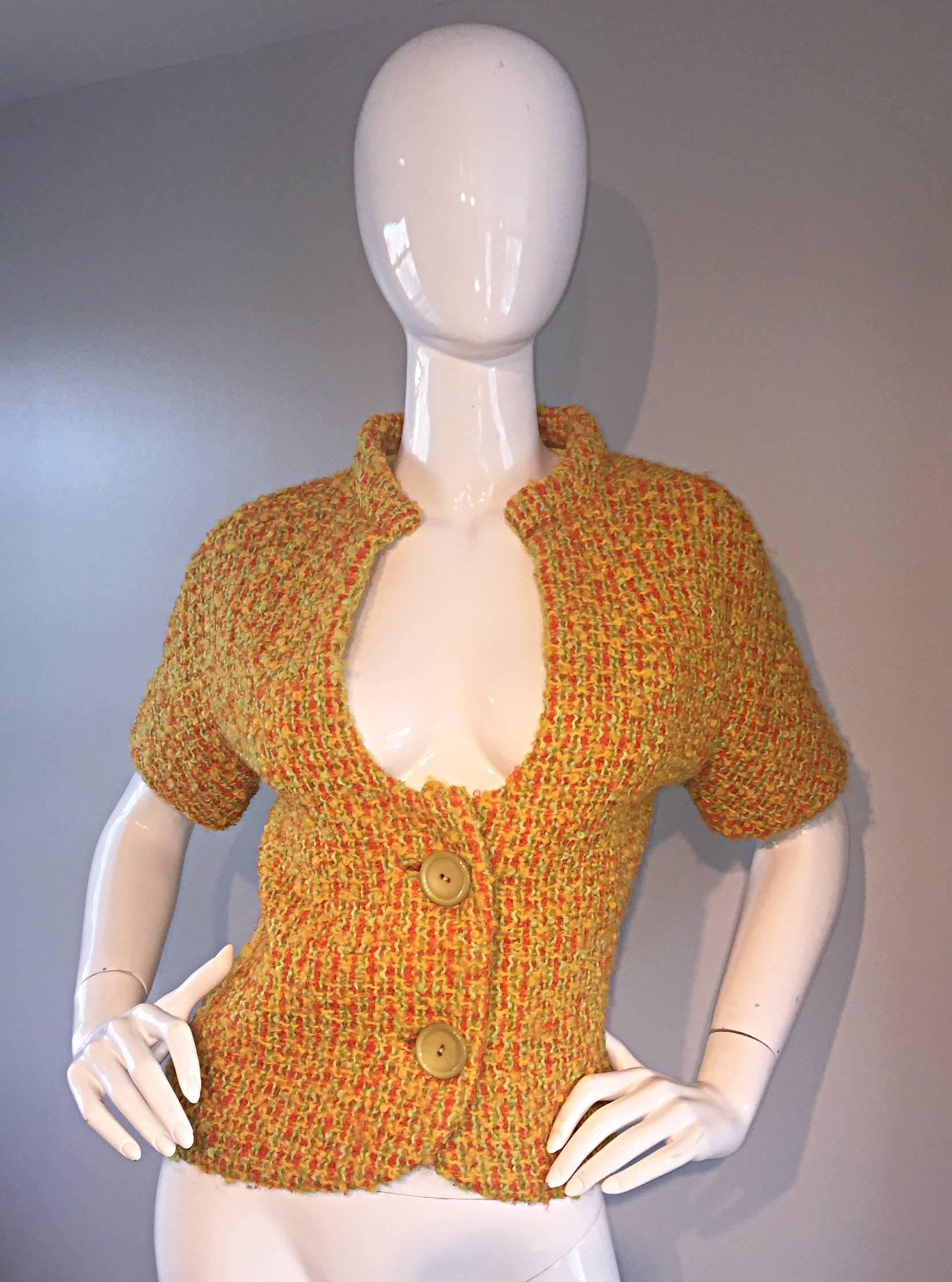 1960er B.H Wragge Vintage 60er Retro-Jacke mit kurzen Ärmeln aus gebranntem orangefarbenem Boucle Mod (Orange) im Angebot