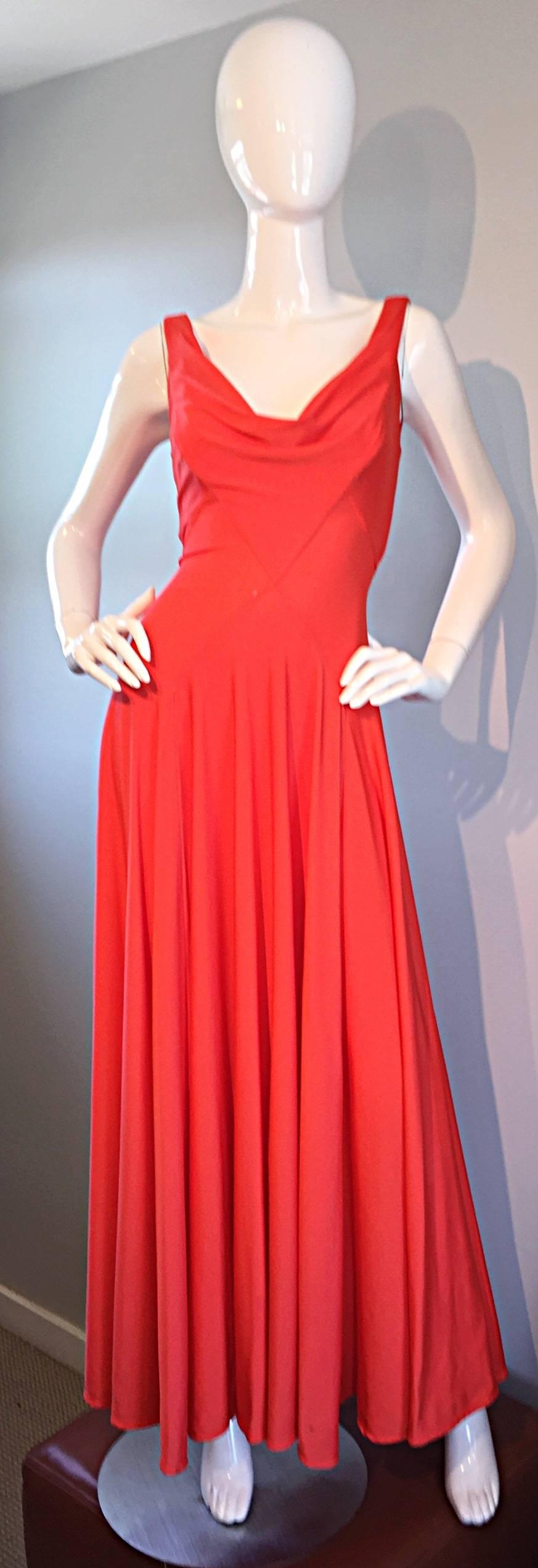 Wonderful 1970s ROBERT DAVID MORTON, for JOSEPH MAGNIN, coral jersey maxi dress! Features flattering/slimming  stitching on the bodice, with a draped collar, and plunging back. Full metal zipper up the back, with hook-and-eye closure. Extremely well