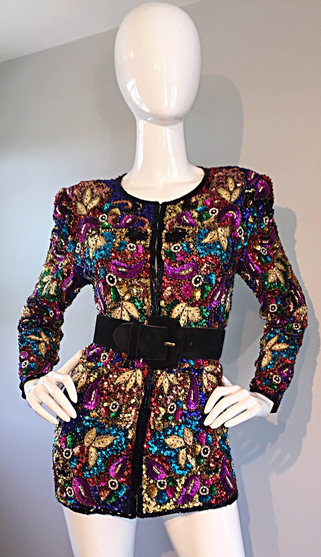 Spectacular Vintage Sequined and Beaded Silk Jacket All - Over Sequins In Excellent Condition For Sale In San Diego, CA