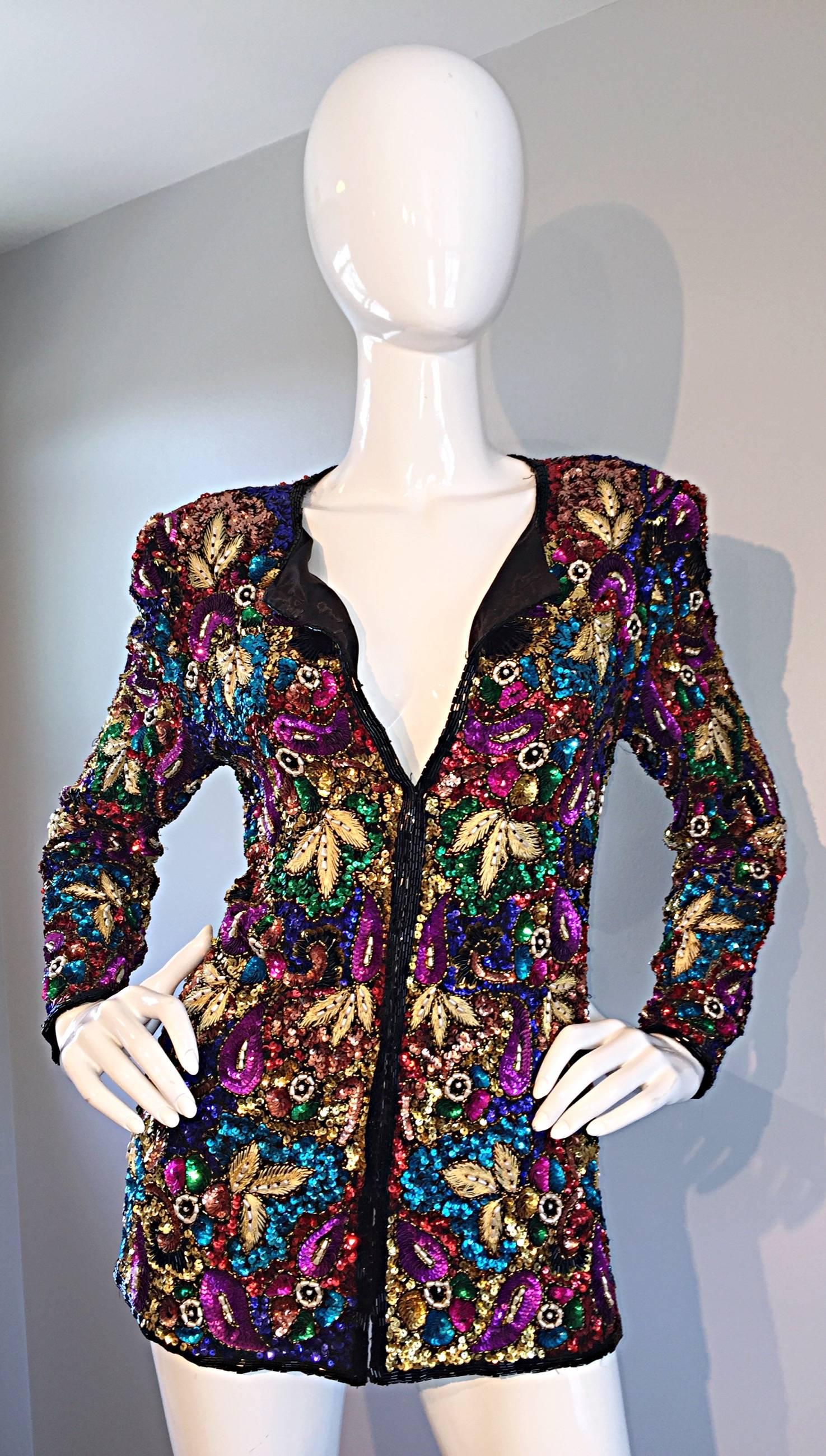 Spectacular Vintage Sequined and Beaded Silk Jacket All - Over Sequins For Sale 2