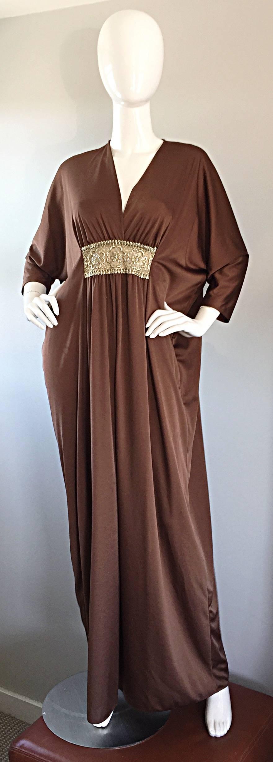 Rare vintage LUCIE ANN of Beverly Hills light brown / mocha caftan! Beautiful Grecian style, that drapes the body wonderfully! Gold metallic cut-out flowers at waist, with gold sequins, gives this kaftan some shape. Built in support that holds