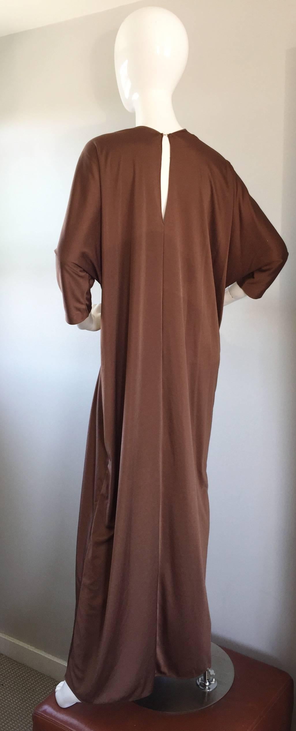 Vintage Lucie Ann of Beverly Hills Light Brown + Gold Grecian Caftan Dress 1