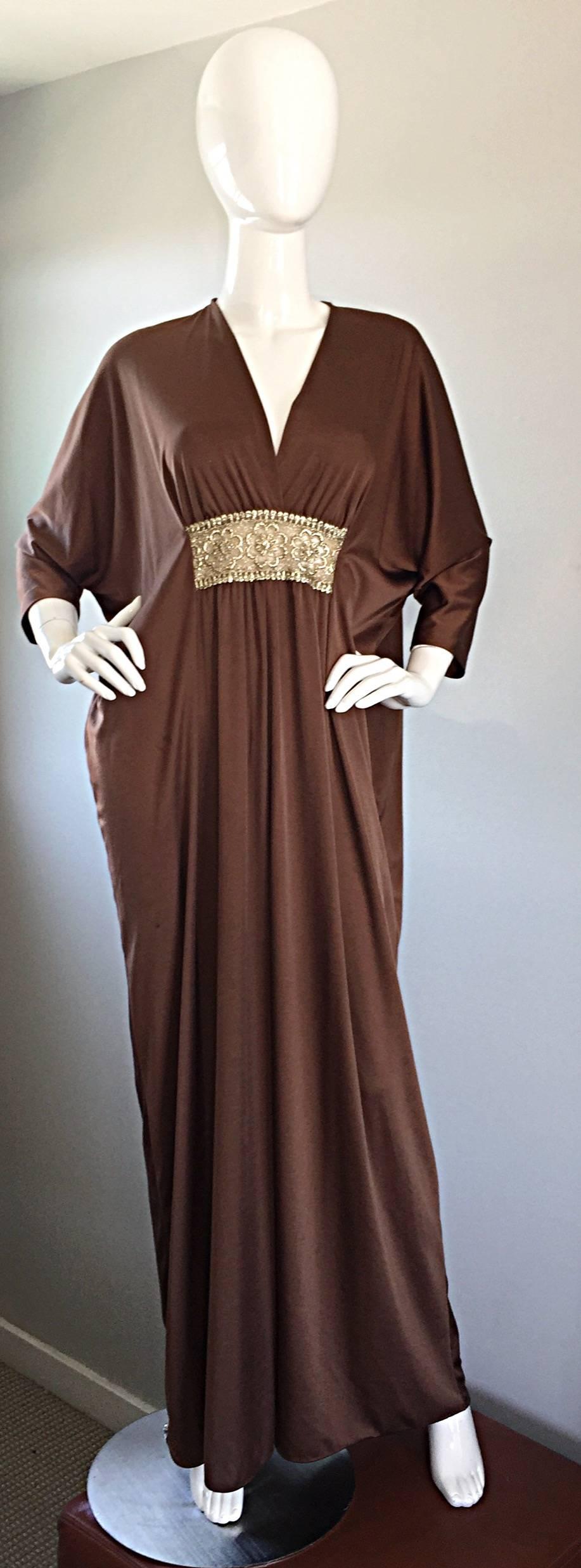 Vintage Lucie Ann of Beverly Hills Light Brown + Gold Grecian Caftan Dress 2
