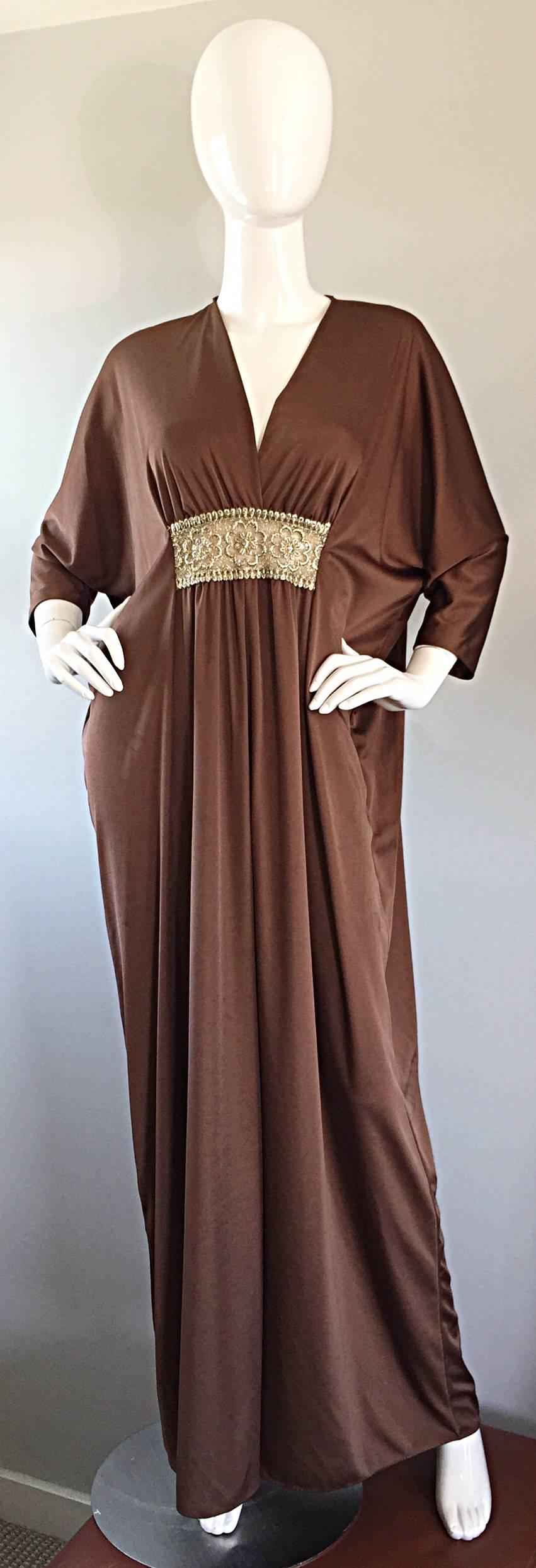 Women's Vintage Lucie Ann of Beverly Hills Light Brown + Gold Grecian Caftan Dress