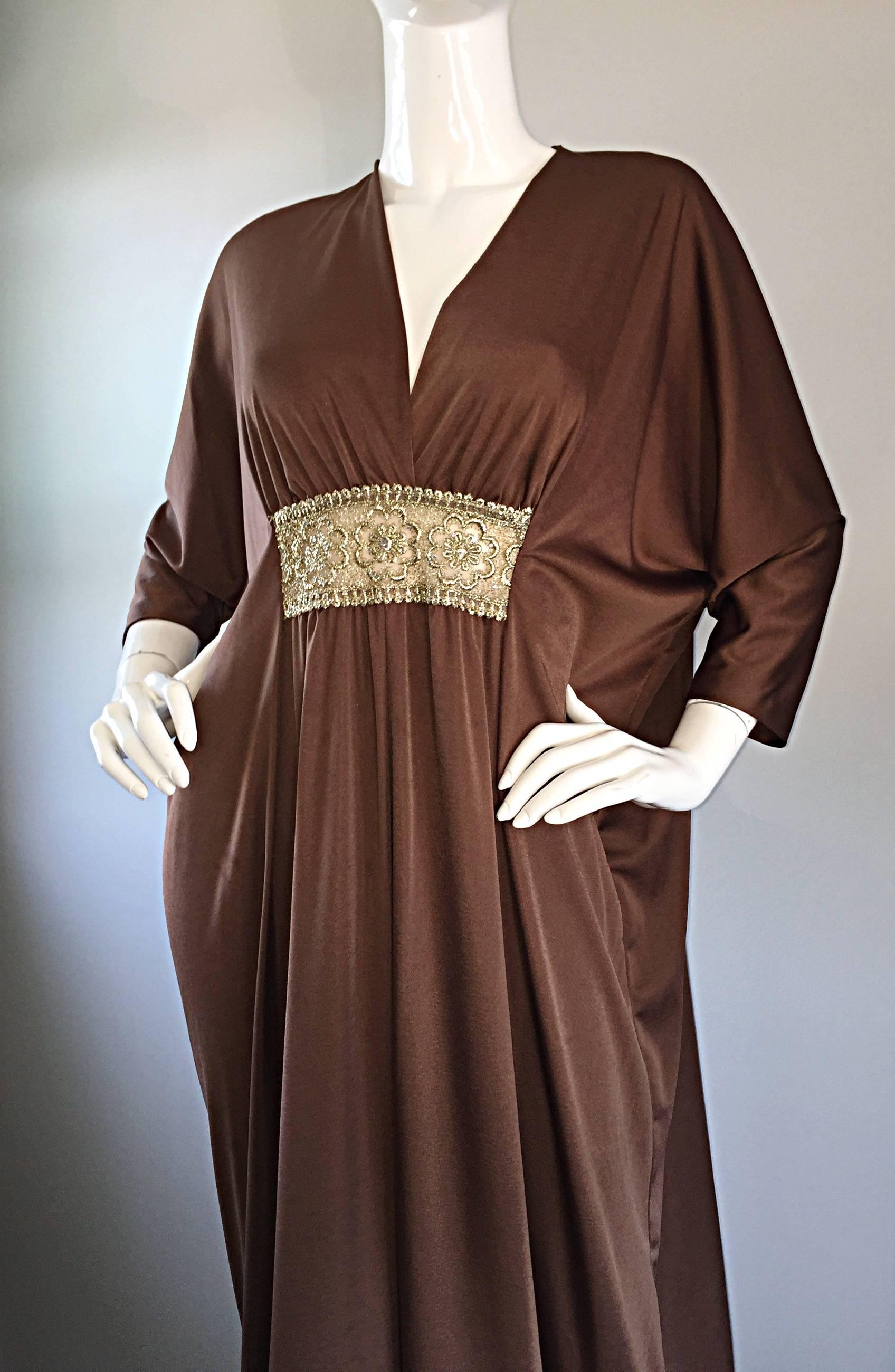 Vintage Lucie Ann of Beverly Hills Light Brown + Gold Grecian Caftan Dress In Excellent Condition In San Diego, CA
