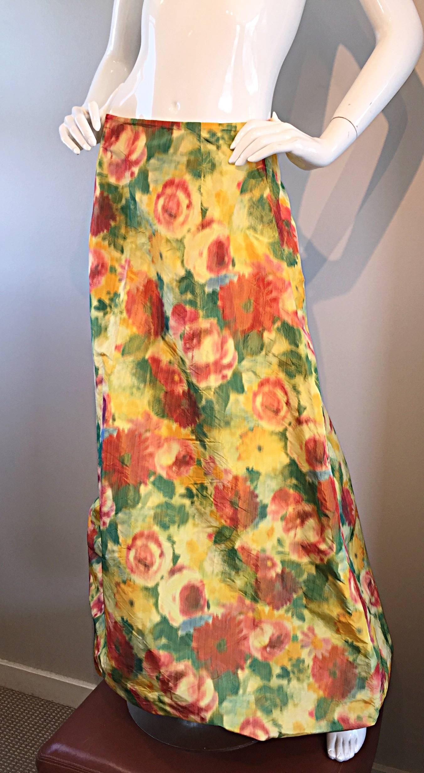 Women's Beautiful Vintage Watercolor Floral Yellow Silk Taffeta Full Length Bubble Skirt