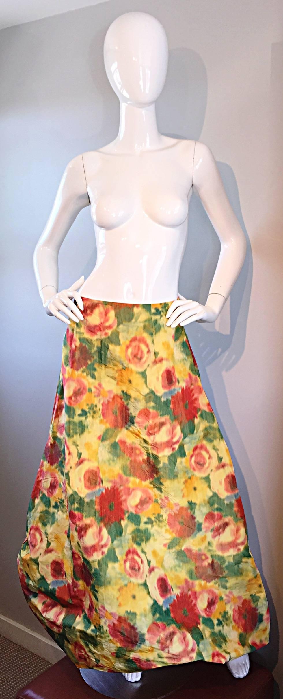 Beautiful Vintage Watercolor Floral Yellow Silk Taffeta Full Length Bubble Skirt 1