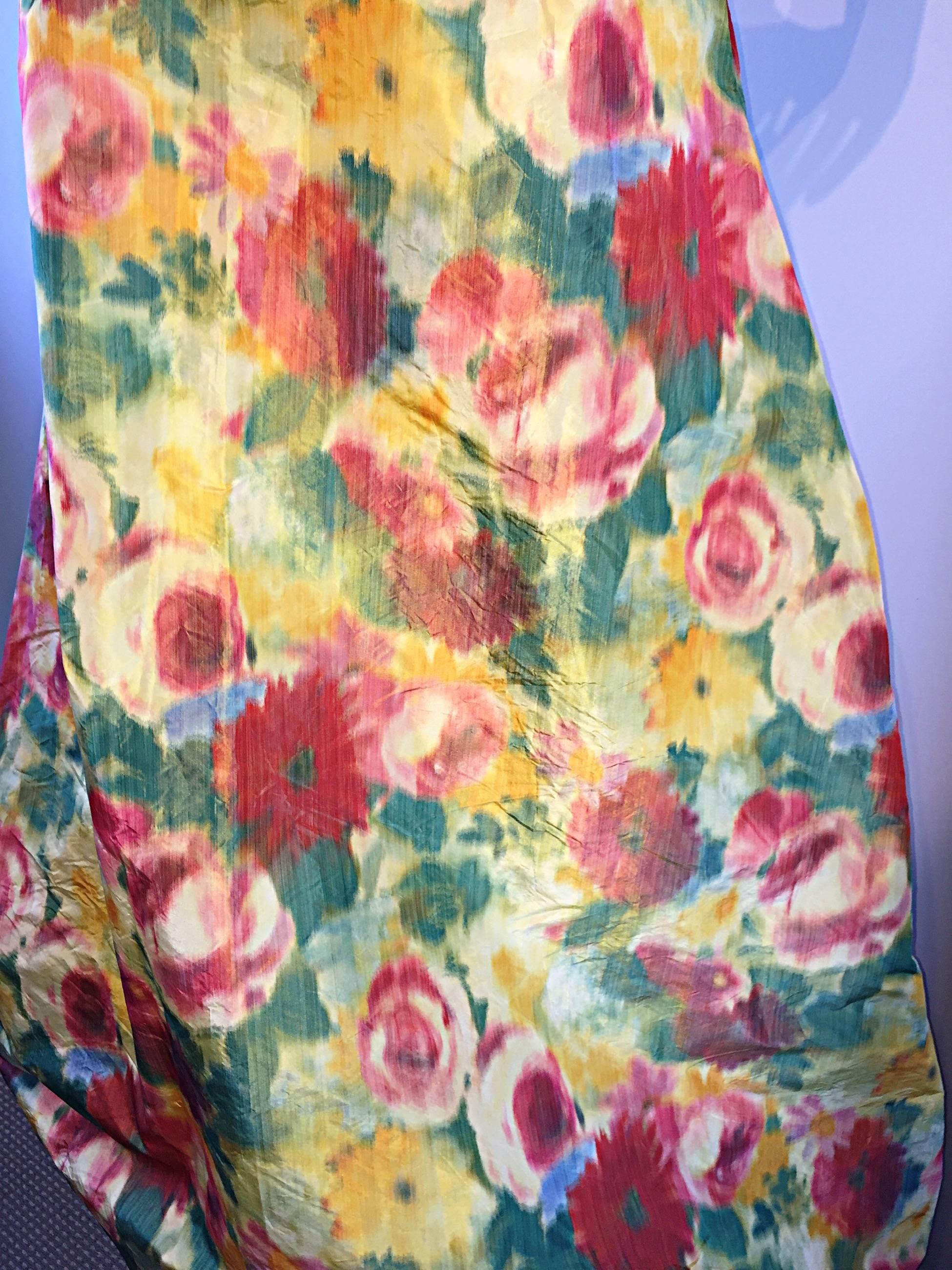 Beige Beautiful Vintage Watercolor Floral Yellow Silk Taffeta Full Length Bubble Skirt