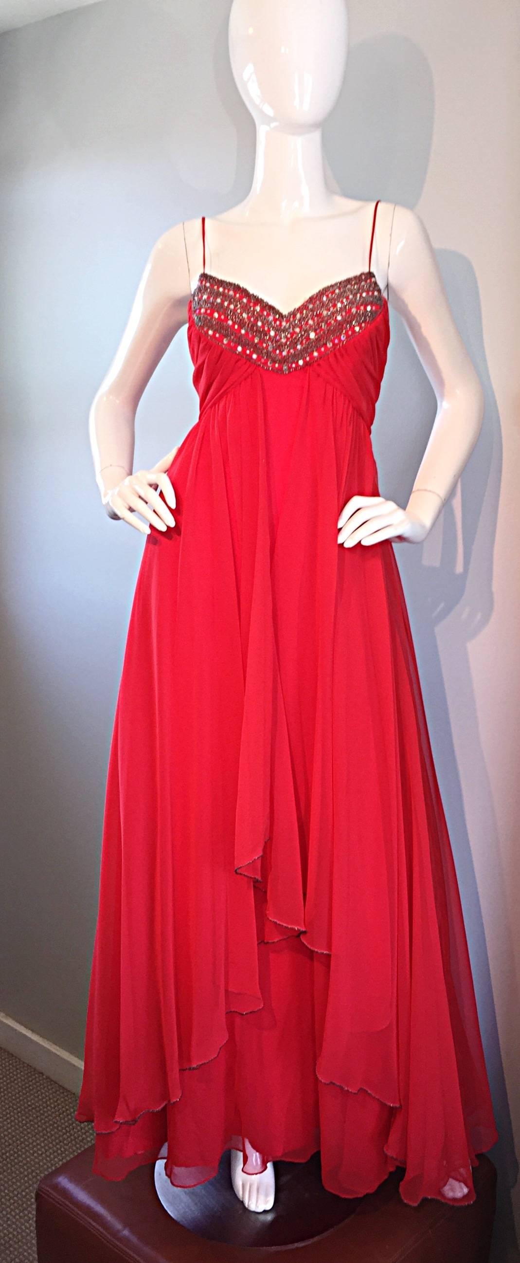 Exquisite 1970s Lipstick Red Chiffon Rhinestone Beaded Vintage 70s Goddess Gown  For Sale 2