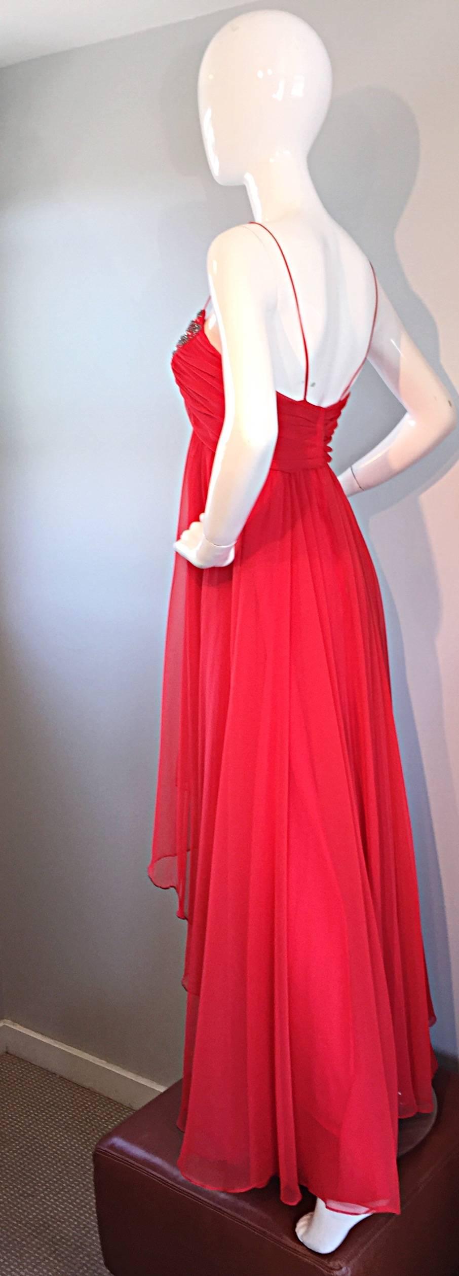 Women's Exquisite 1970s Lipstick Red Chiffon Rhinestone Beaded Vintage 70s Goddess Gown  For Sale