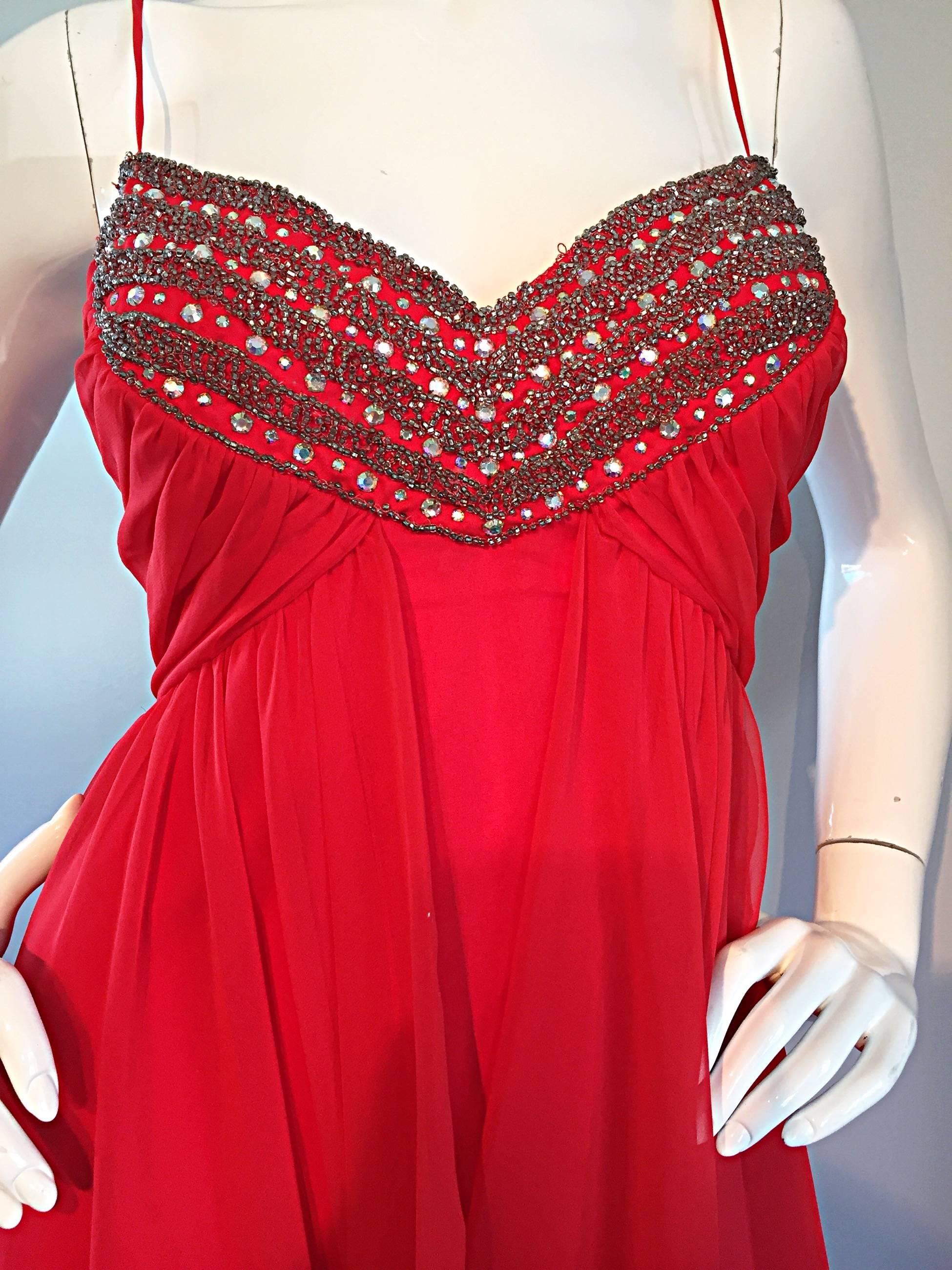 Exquisite 1970s Lipstick Red Chiffon Rhinestone Beaded Vintage 70s Goddess Gown  For Sale 1