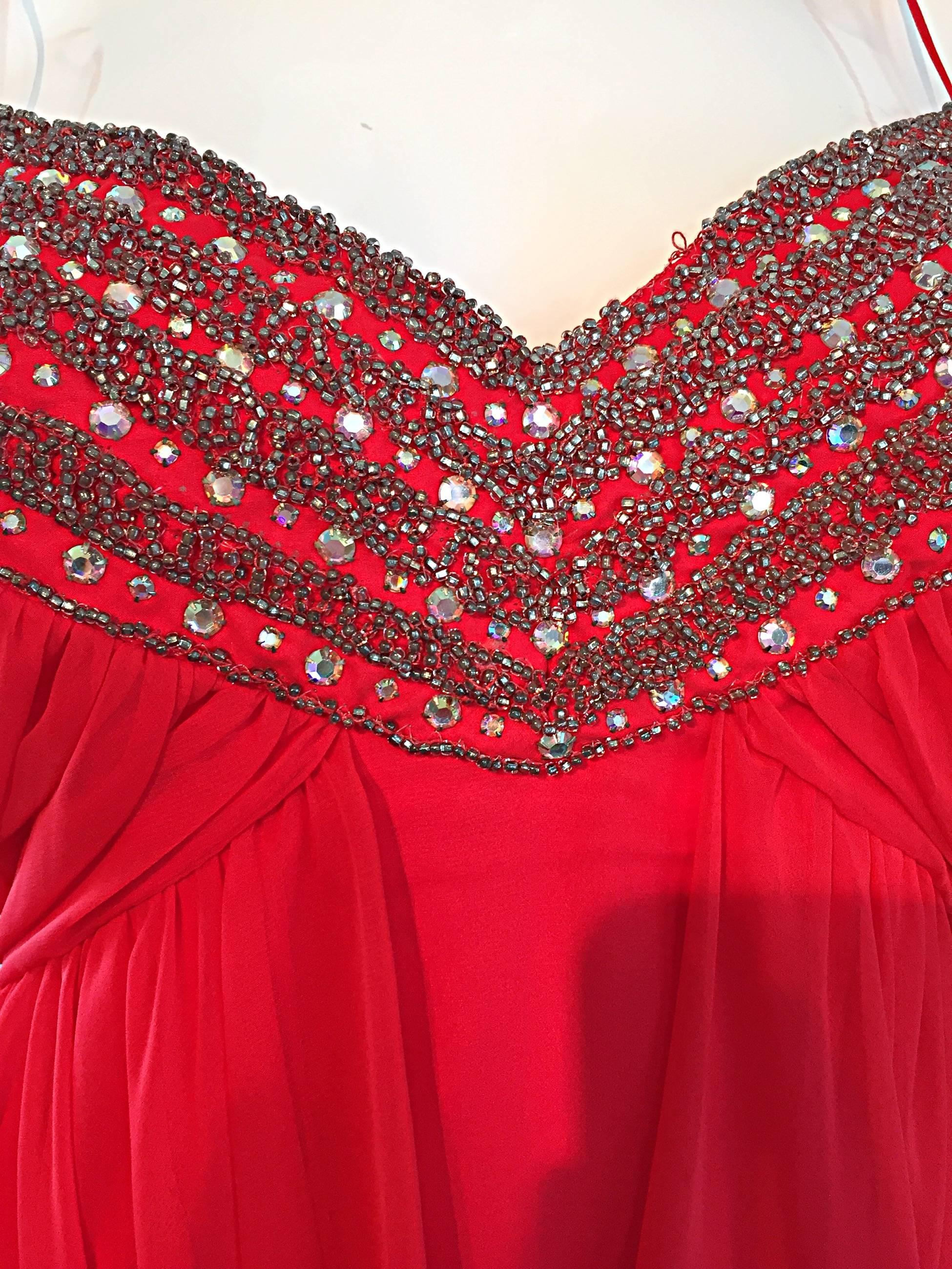 Exquisite 1970s Lipstick Red Chiffon Rhinestone Beaded Vintage 70s Goddess Gown  In Excellent Condition For Sale In San Diego, CA