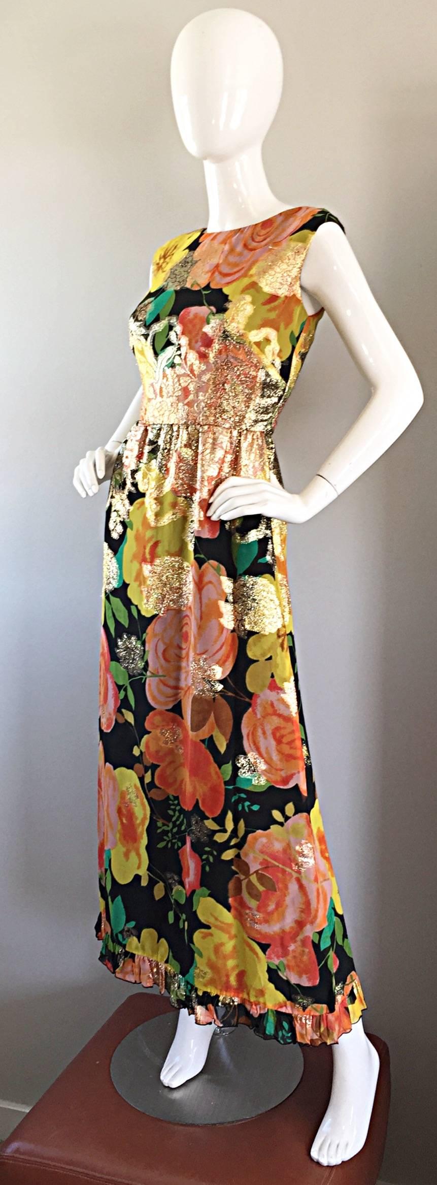 Brown Amazing 1970s Colorful Chiffon Metallic Floral Ruffled Boho Vintage Maxi Dress