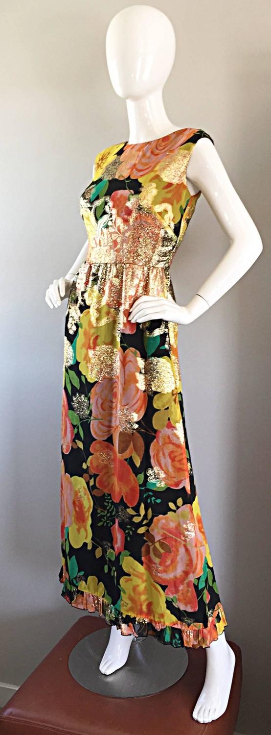 Amazing 1970s Colorful Chiffon Metallic Floral Ruffled Boho Vintage ...