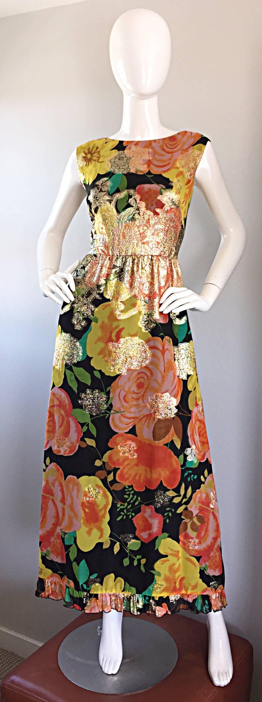 Incredible early 70s ALICE OF CALIFORNIA chiffon maxi dress! Beautiful floral prints, with gold metallic print at waist and sporadically throughout. Looks amazing on, and can also be belted. Excellent tailoring, with a ruffled hem. Full metal zipper